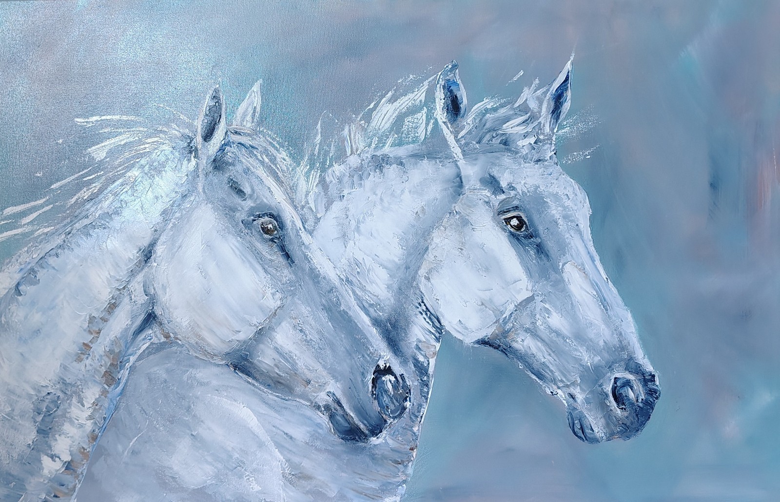 Pallet knife oil painting «Snowy Horses» size 24 by 36 inches