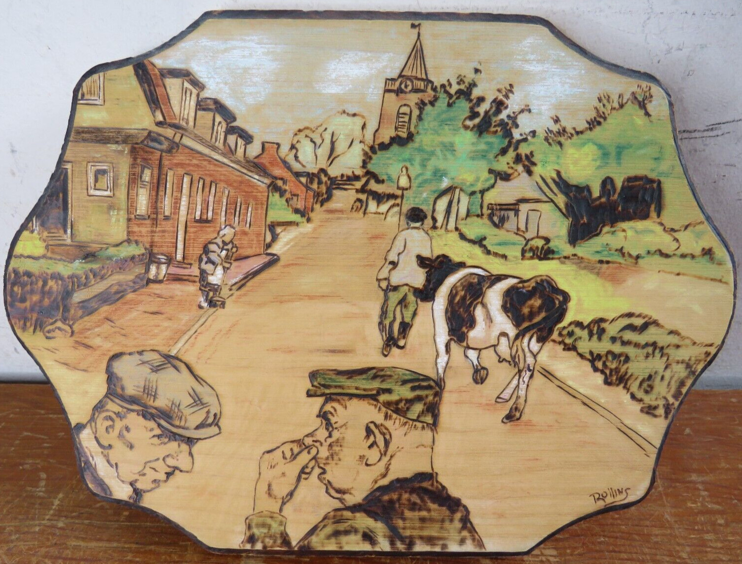 Vintage Town Cow Old Man Wood Carving/Burning/Painting 12inx9in L. Rollins