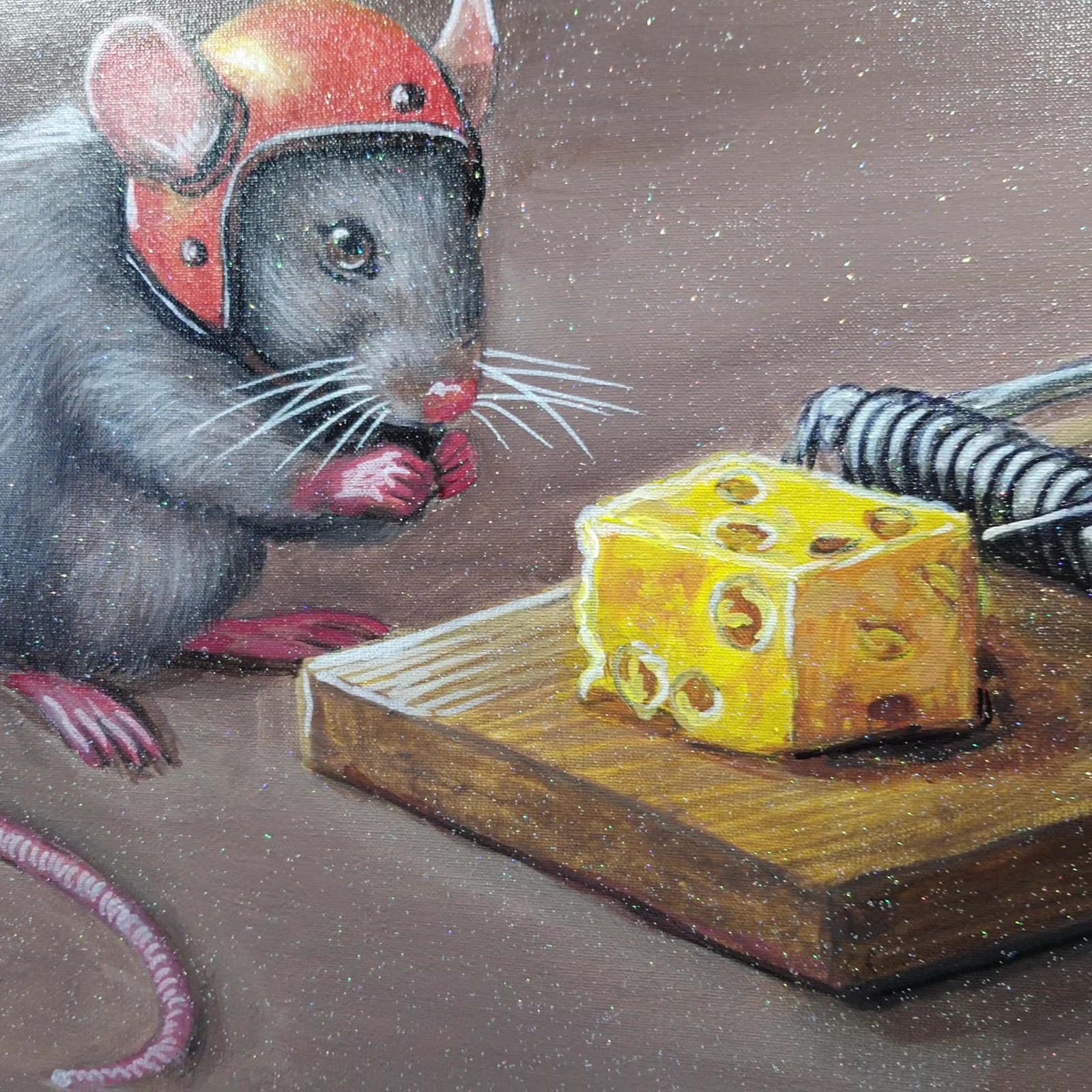 Brave Little Mouse and the Cheese Trap Funny Animal Painting Ukraine Artist
