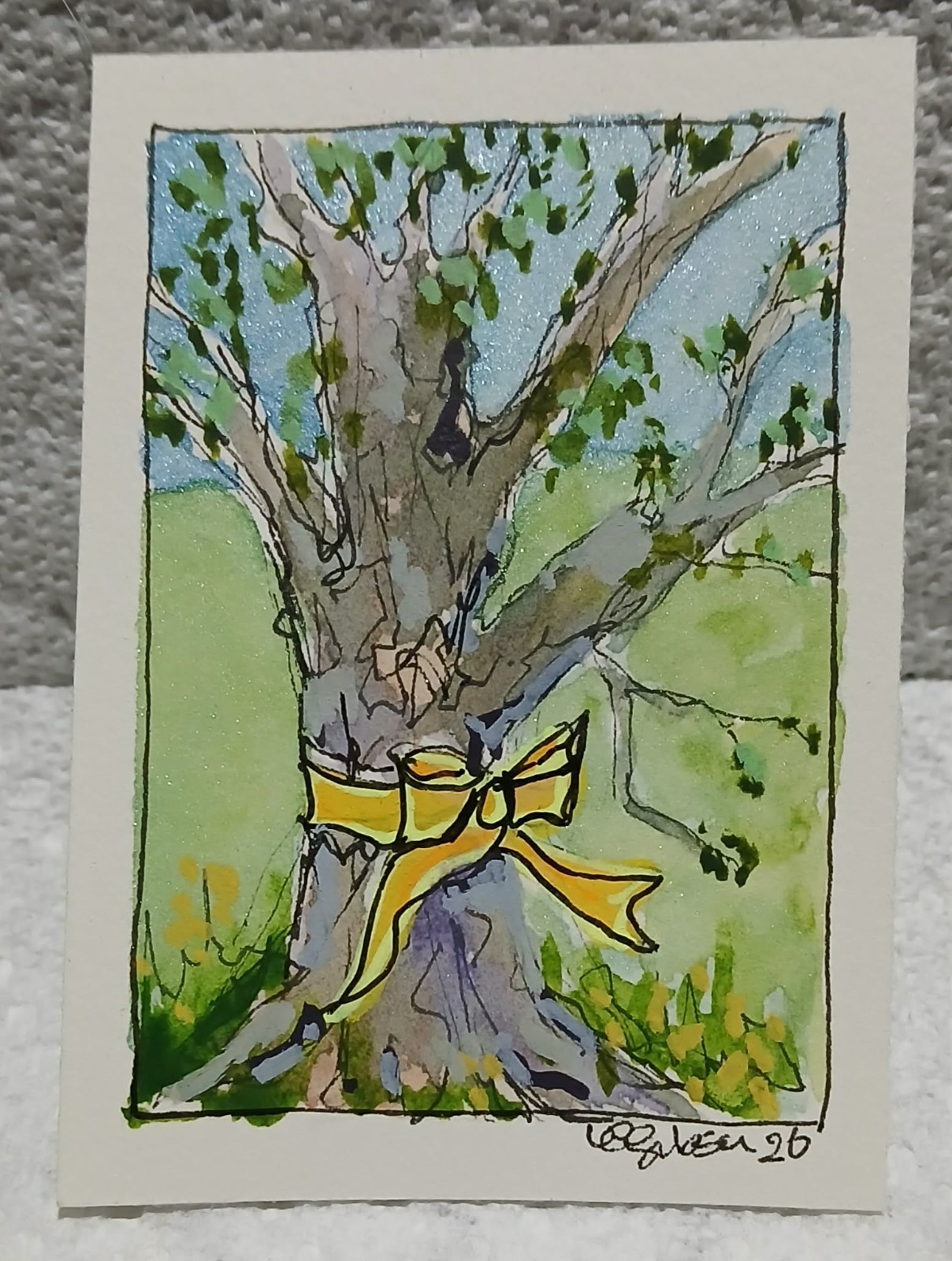 Yellow Ribbon Old Oak Tree Watercolor ACEO — Hope & Homecoming Art by Virginia