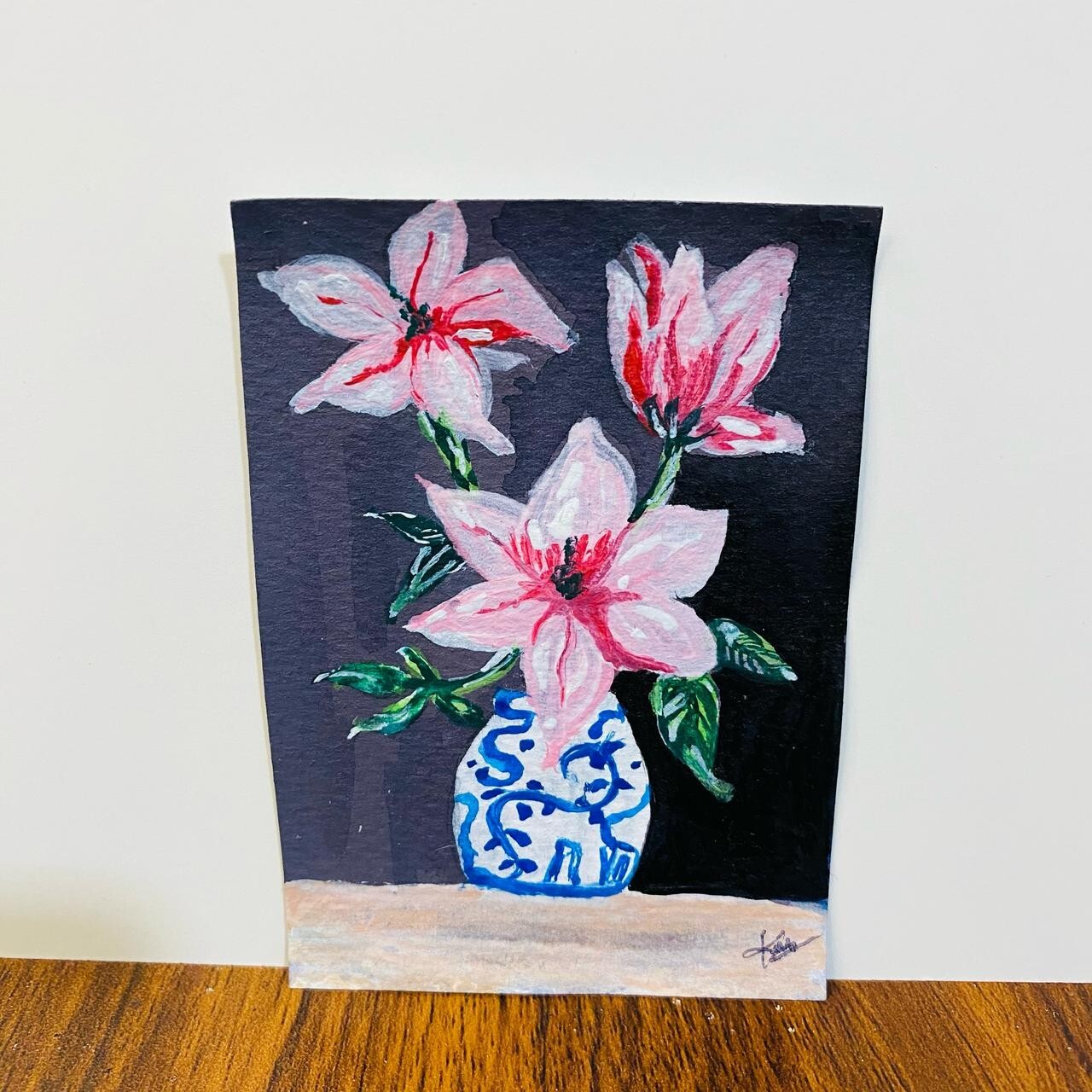 ACEO Pink Lily Flowers in Vase Floral Still Life Acrylic Art Card Unframe NEW