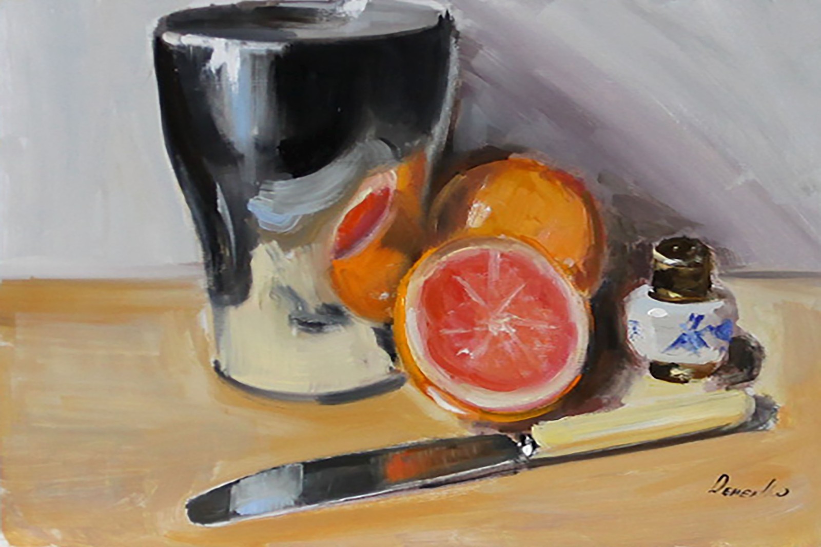 VINTAGE silver vase and oranges Oil Painting 8×1 2in Demenko