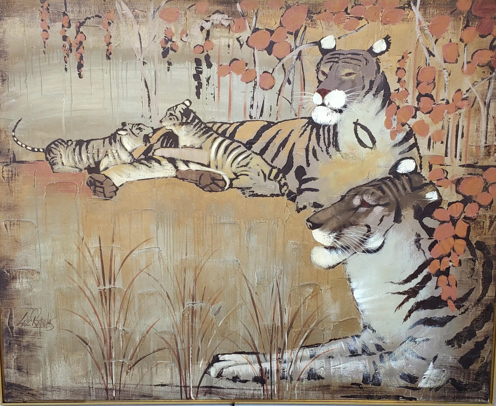 Original Signed Lee Reynolds Early Unique Tiger Painting 4 X 5 Feet