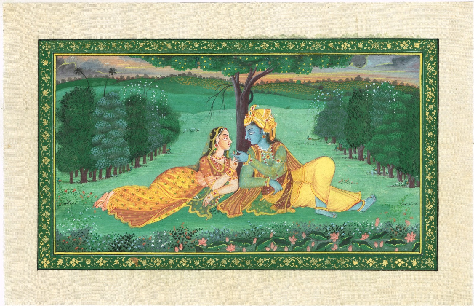 Indian Art Painting Of Radha Krishna Hindu Religious Art On Silk Cloth 11×7 Inch