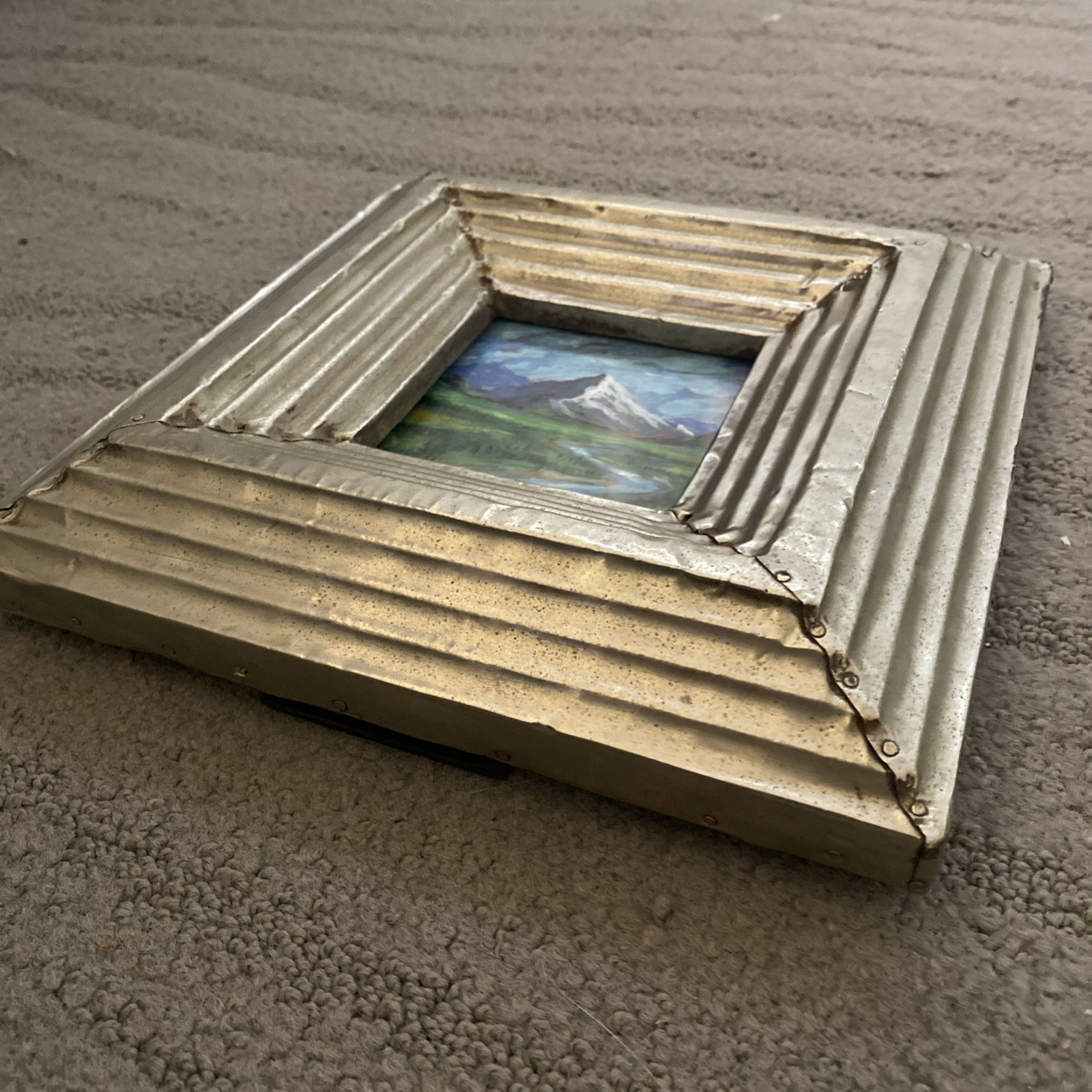 Vntg Small Landscape Painting Original Mountain River Handmade Metal Frame