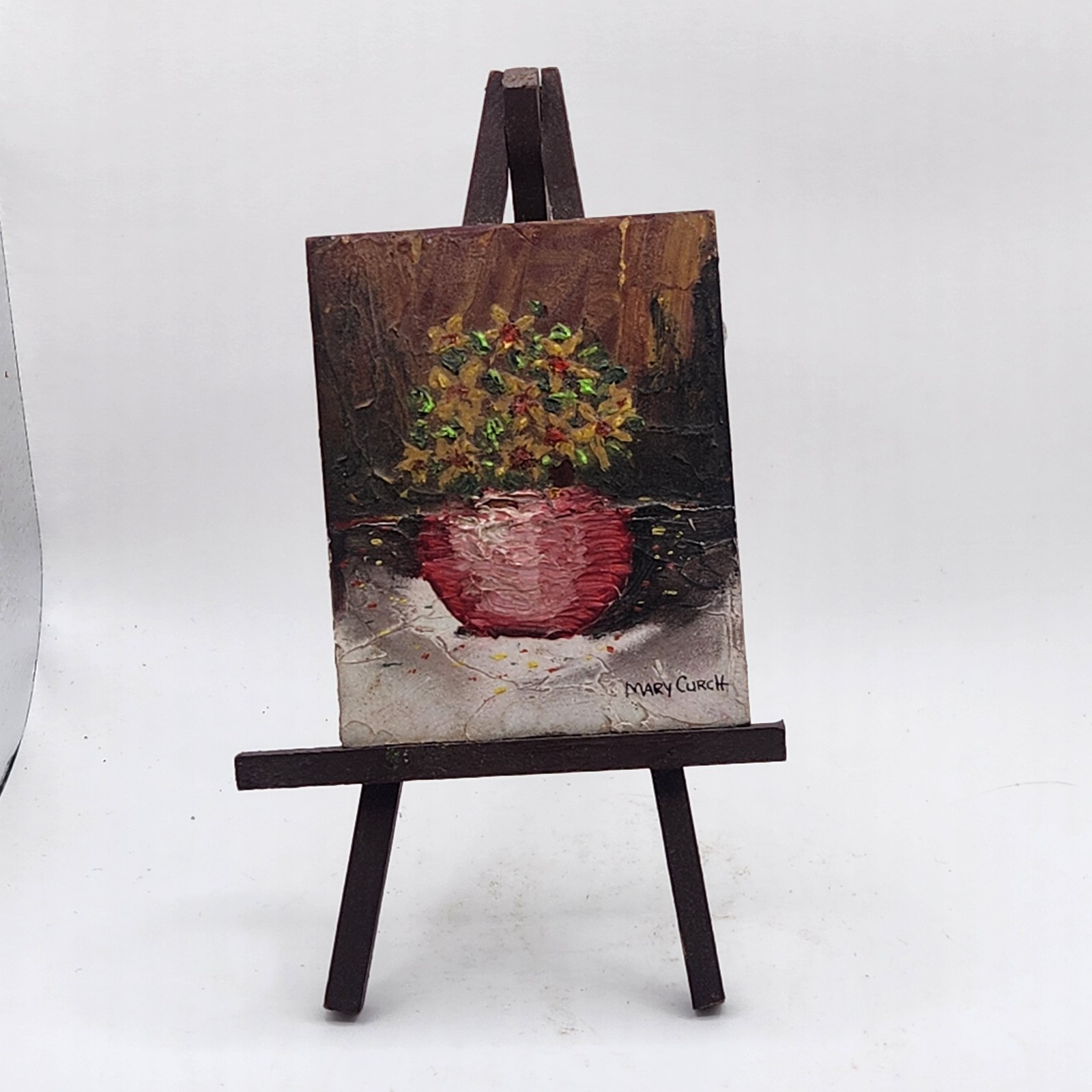 Vtg Miniature painting on Easel Signed by Mary Curch
