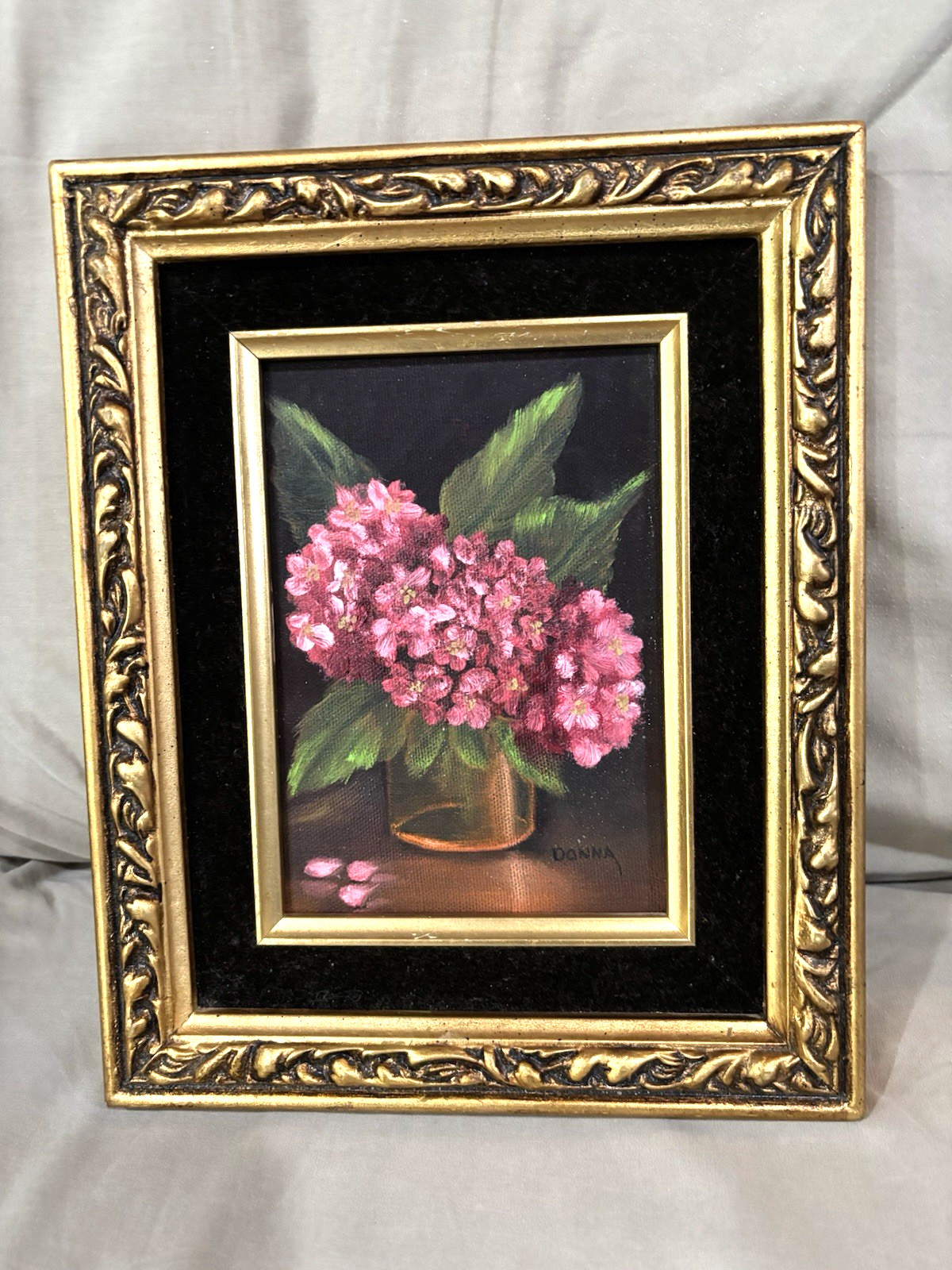 Vintage Bright Pink Hydranges 5×7 Canvas Gold Frame 10 1/2″x 9 1/2″ Painting
