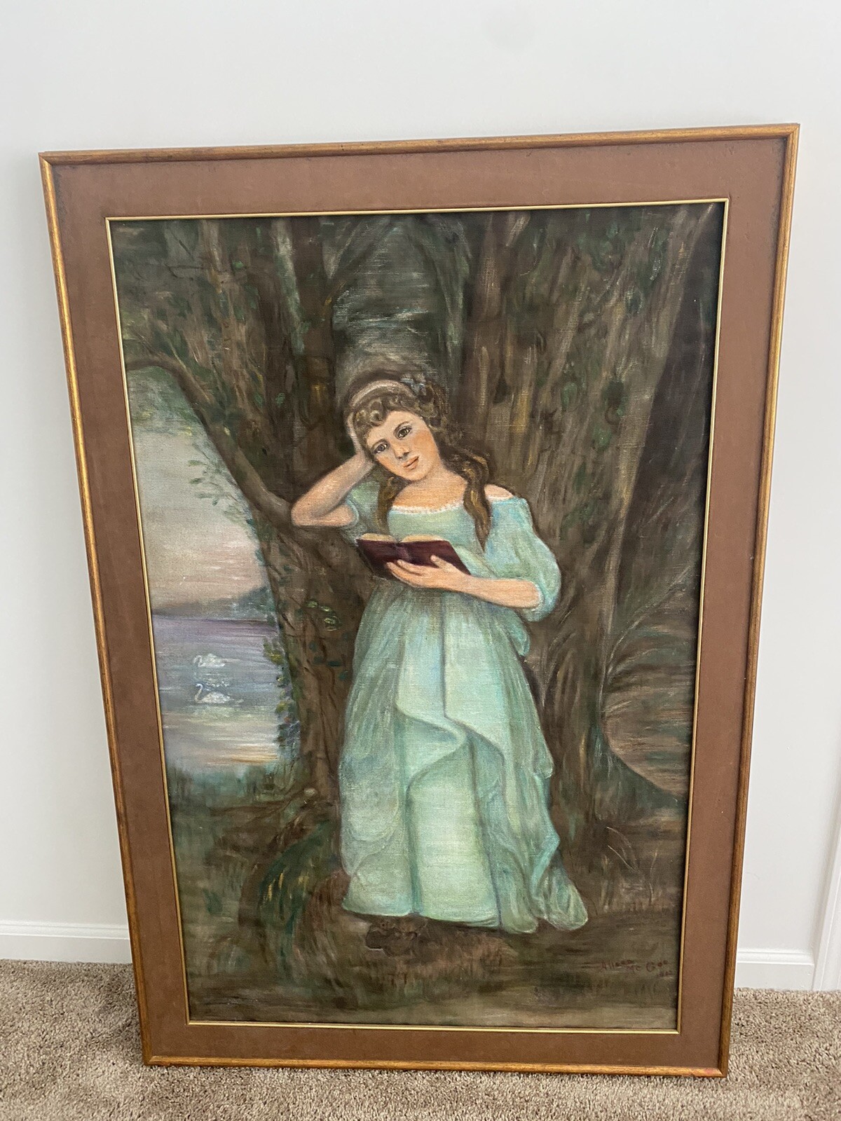 Antique Painting on Fabric Framed Art On Fabric Signed 36×53″