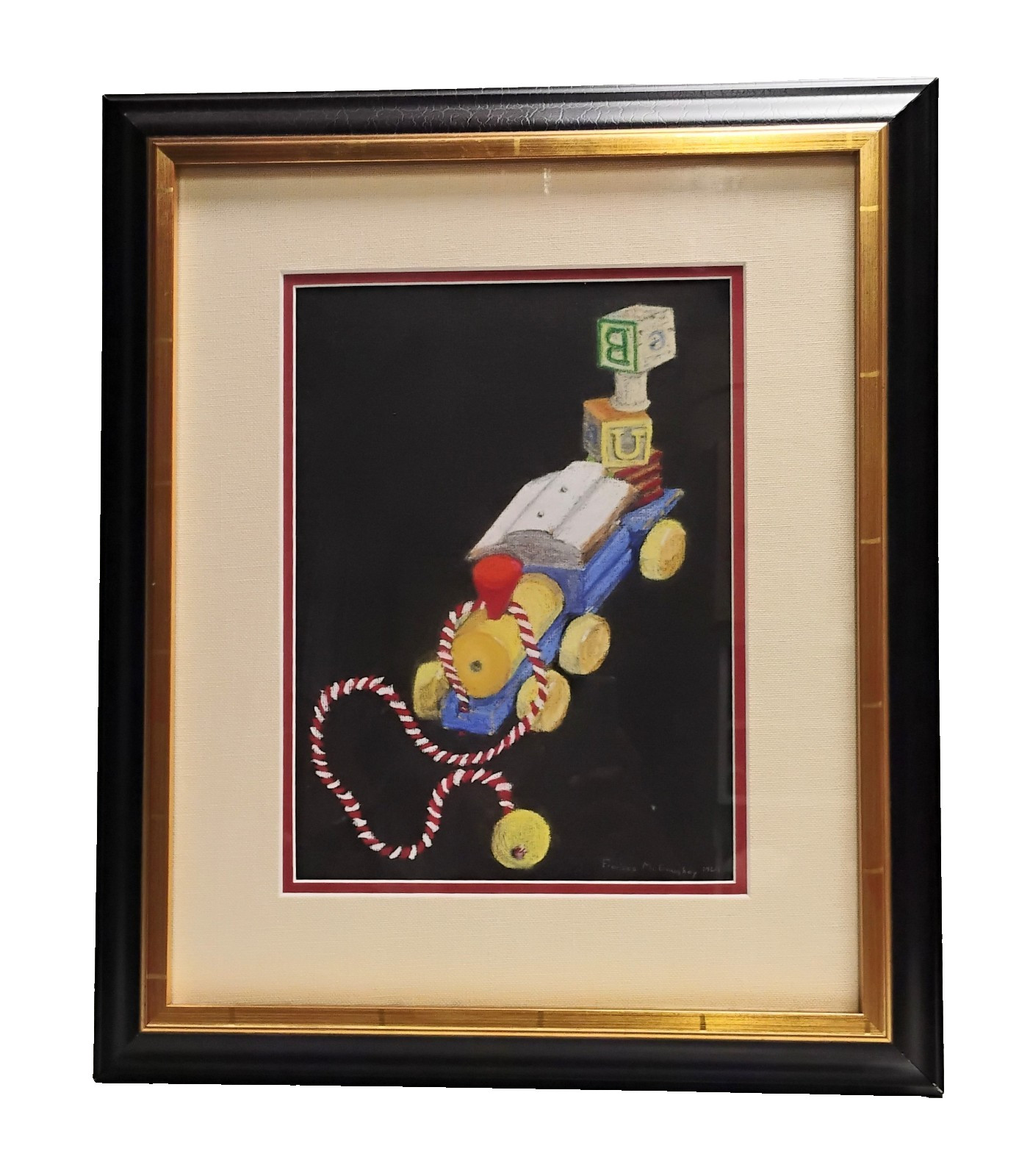 Signed 1964 Still Life Pastel Painting Child’s Pull Toy Train Frame 17X21