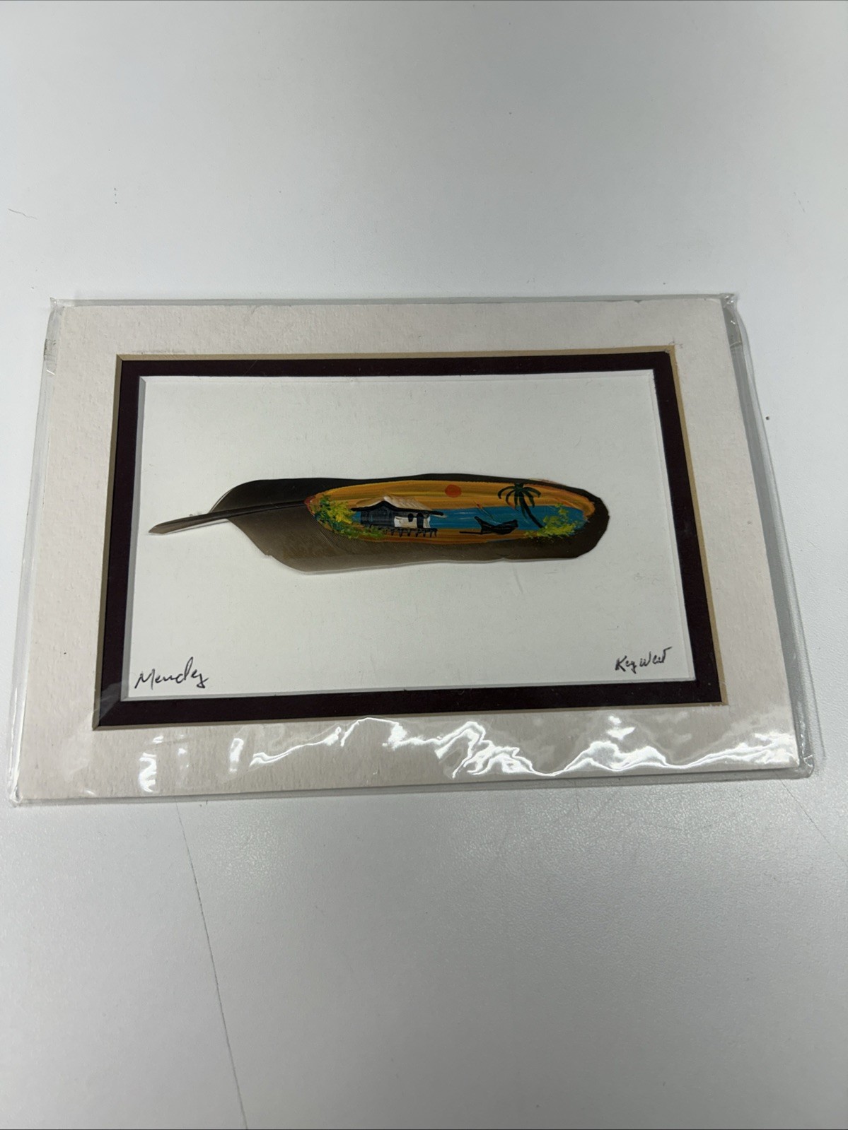 Hand Painted Feather Art Signed Mendez Key West