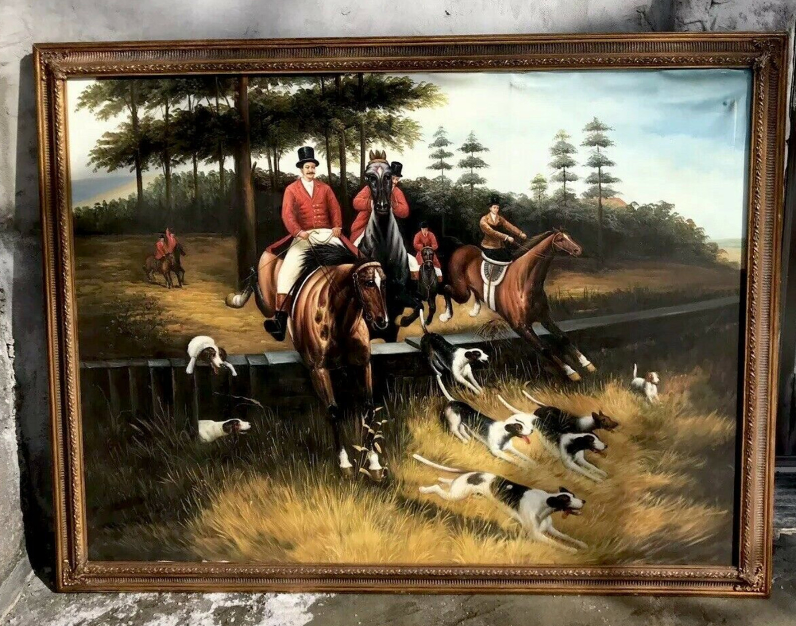 Beautiful 52.5”x40.5” Framed Oil Painting English Men Horse Hunt Antique Style
