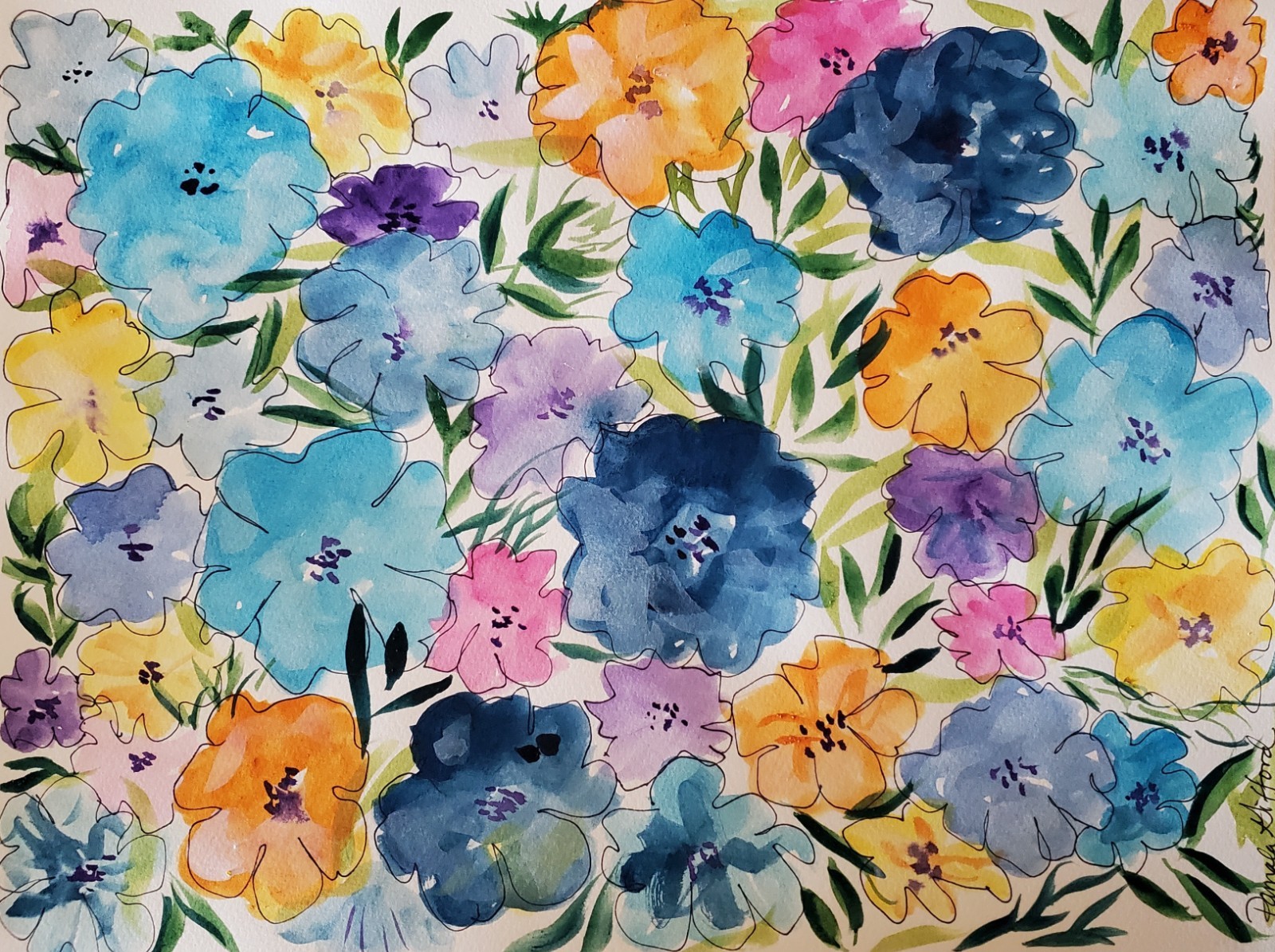 ORIGINAL ABSTRACT FLORAL ARTWORK PAINTING WATERCOLOR ON PAPER 16X12 ooak
