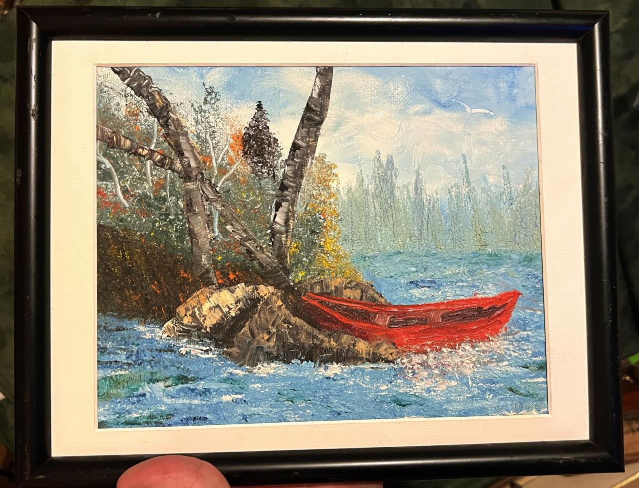 Vintage Oil Painting American Art Lake Landscape Red Boat Birch Trees Signed Don