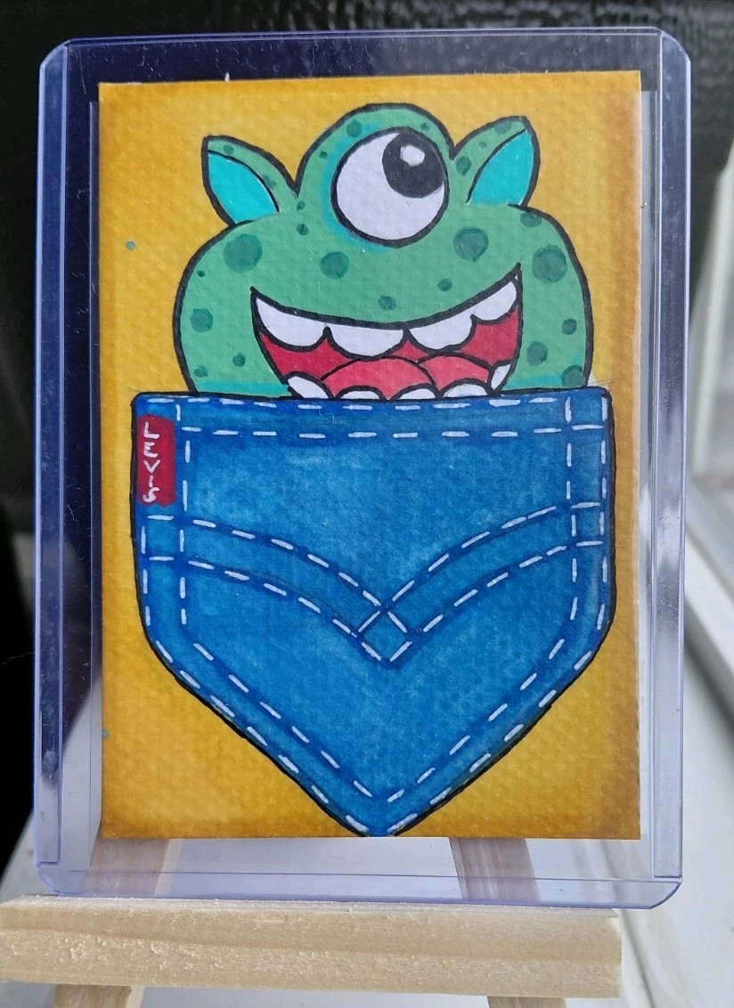ACEO Original Acrylic Levis Jeans «Pocket Monster» 3.5×2.5