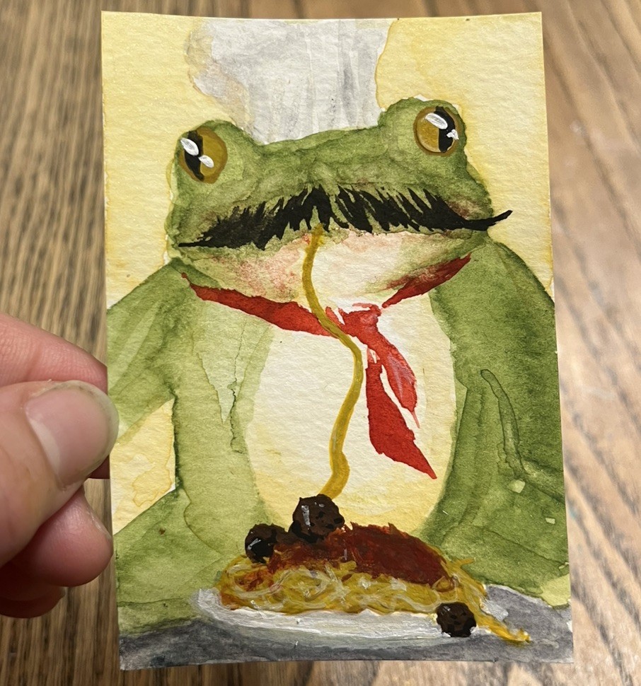 ACEO PRINT Italian pasta chef Frog sneaks a bite Watercolor Painting 3.5×2.5