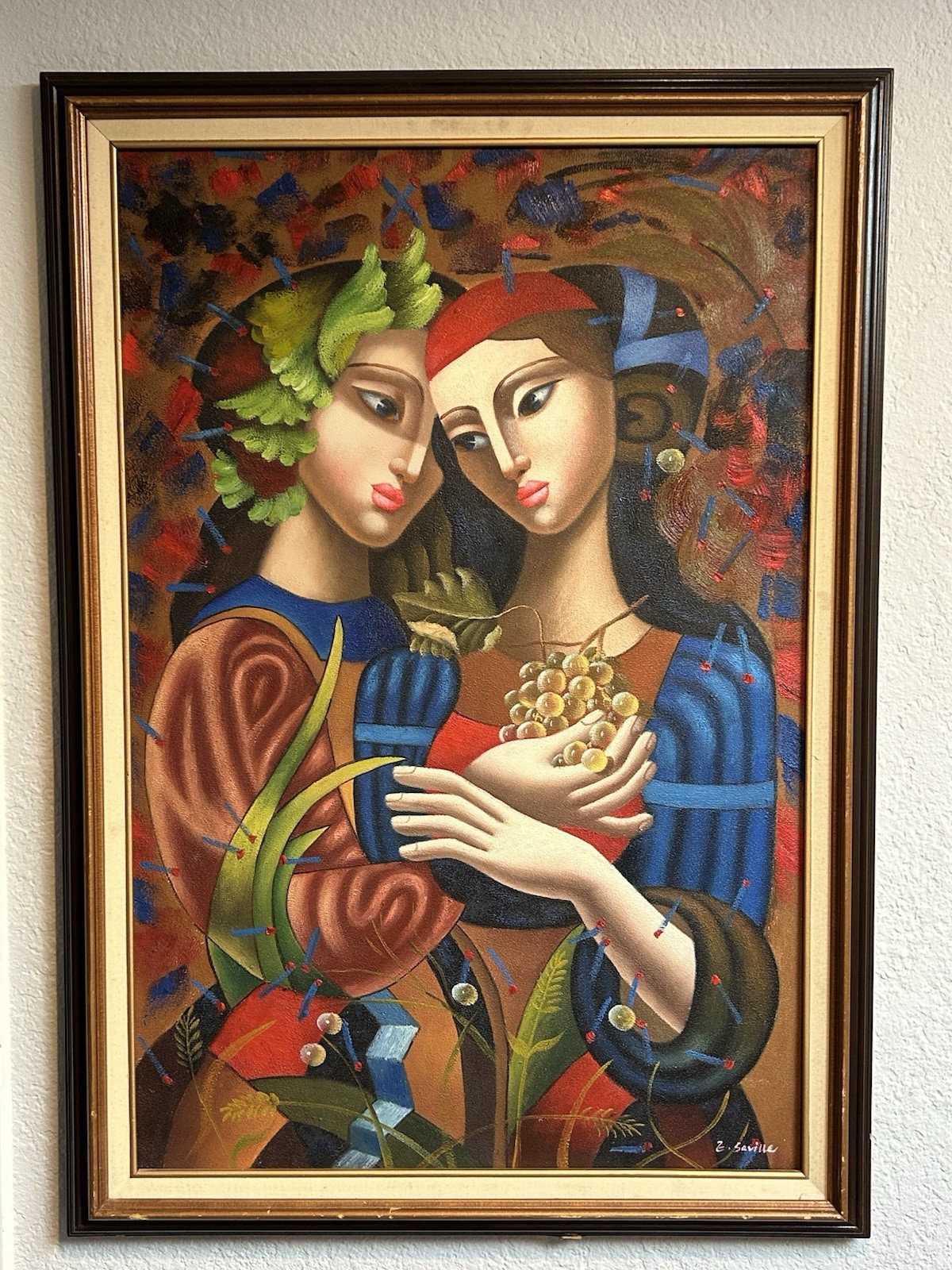 Oleg Zhuvetin Style Oil Cubist Original Painting Signed E. Saville 29 x 41