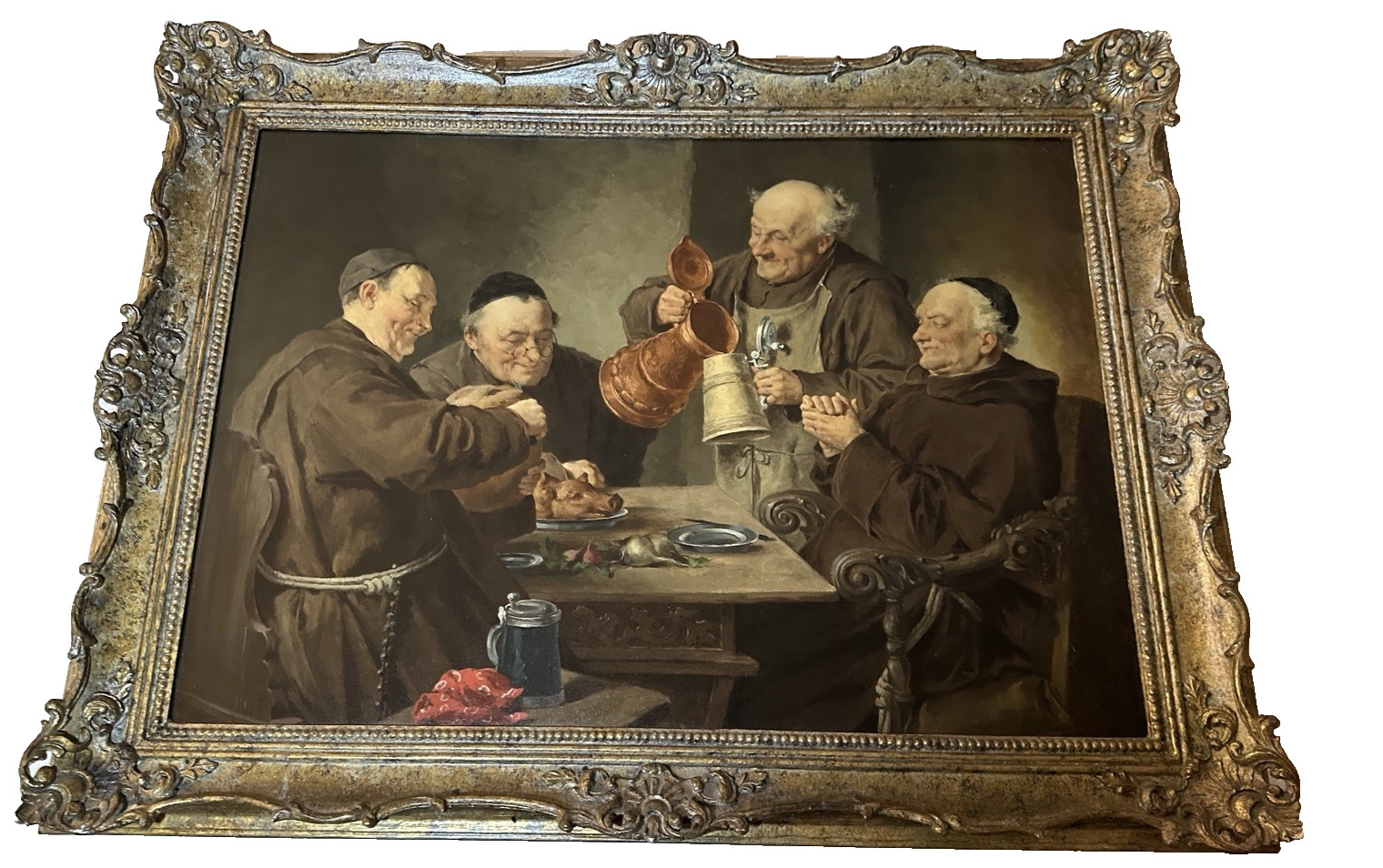 Monks at Table with Stein – Signed “E. Grutzner” – Oil on Wood Panel Painting