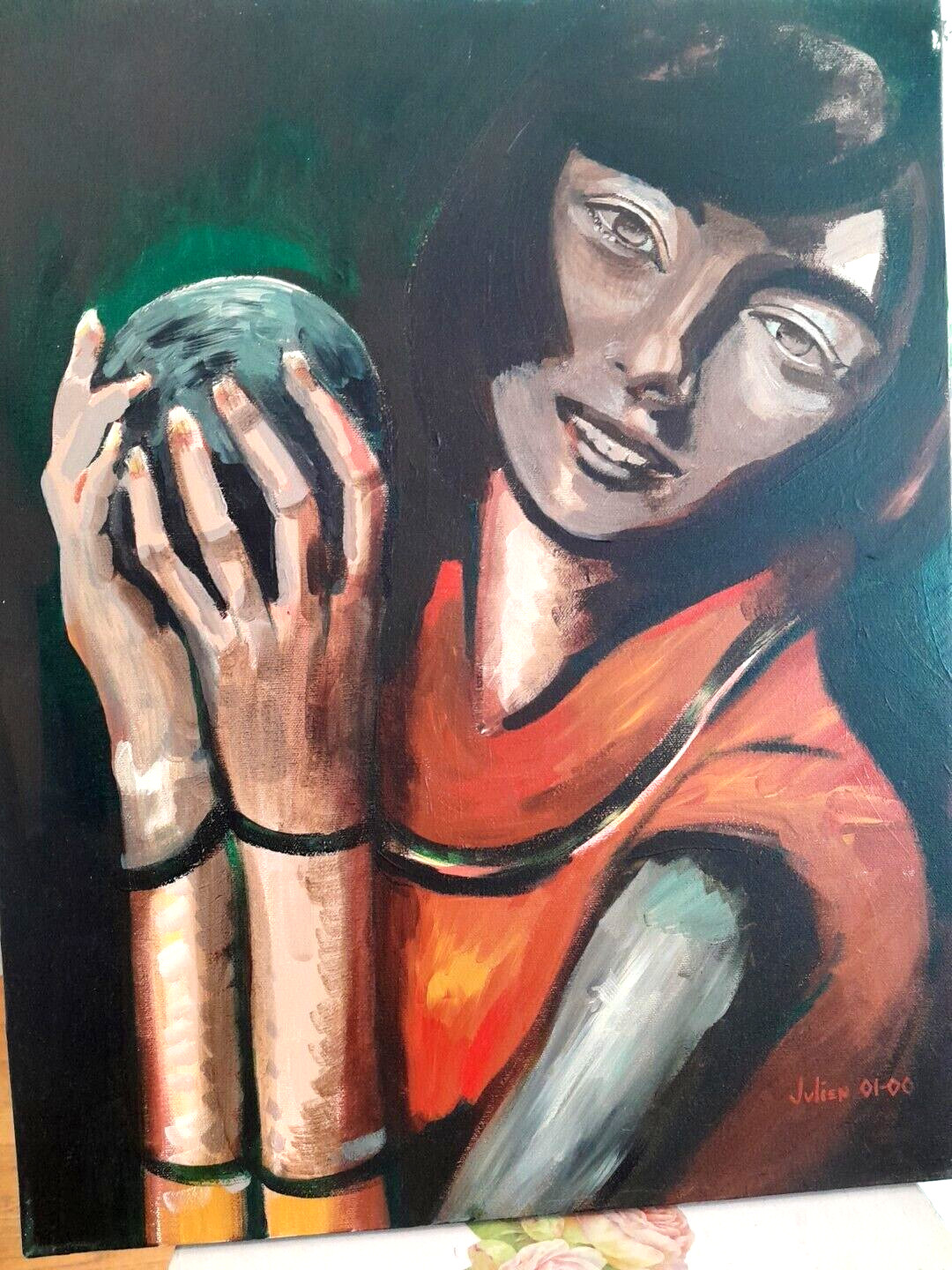 16×20 Acrylic on Canvas Original Contemporary Painting Girl holding sphere/orb