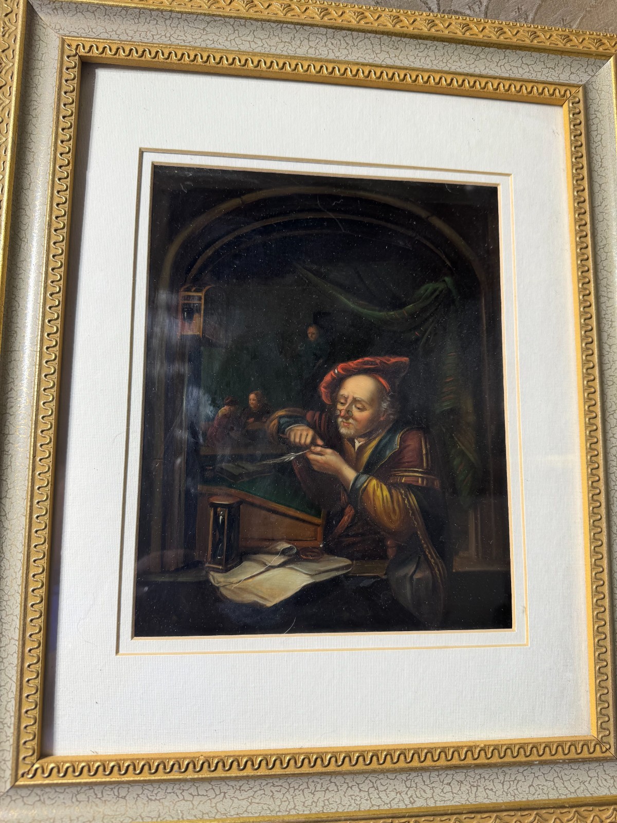 Stunning Antique «Man Sharpening Quill Pen» Oil On Metal Painting – Framed