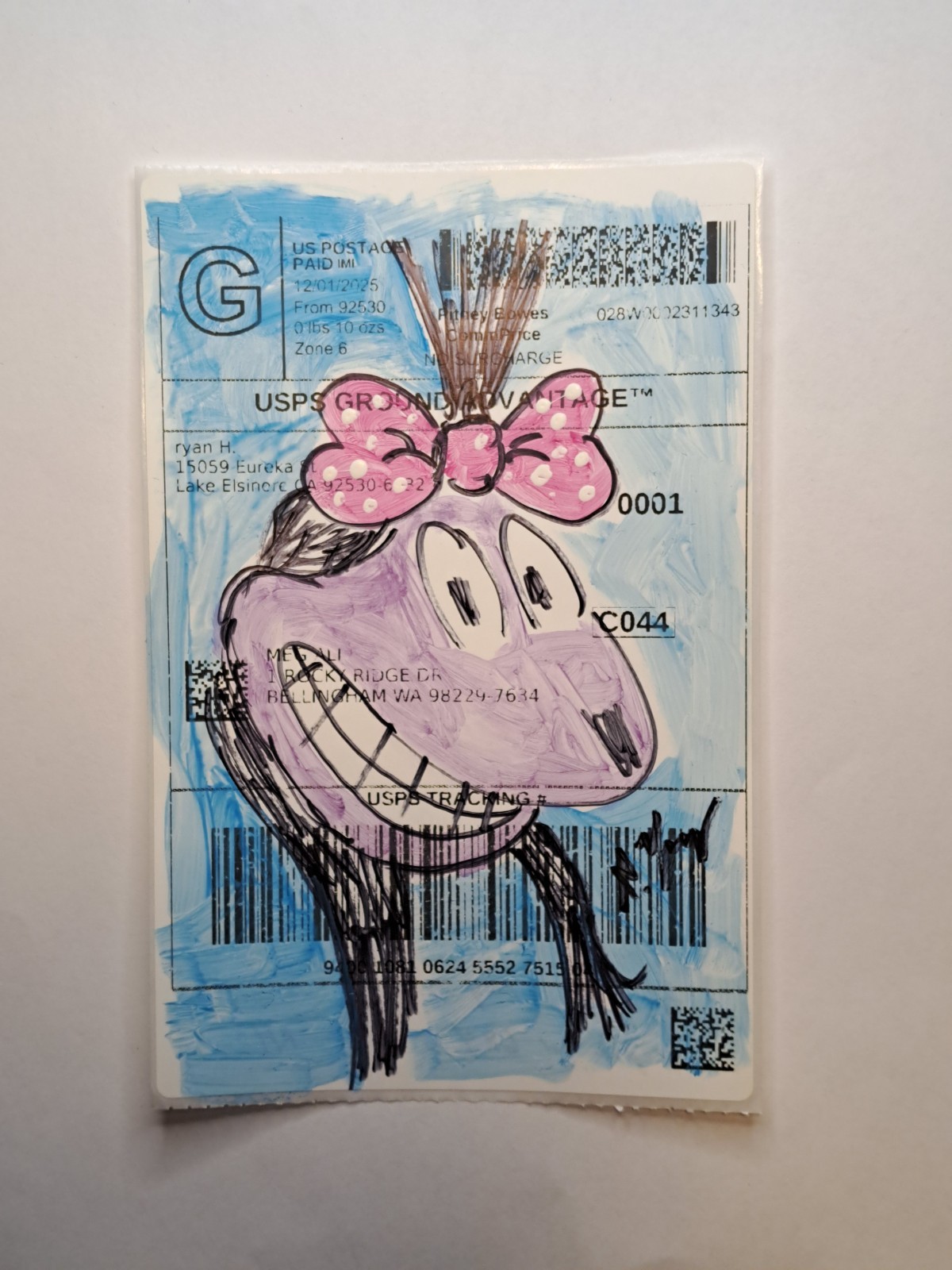 Purple green acrylic & ink «Cartoon doodle» 6X4″ Sticker 1/1 signed by artist