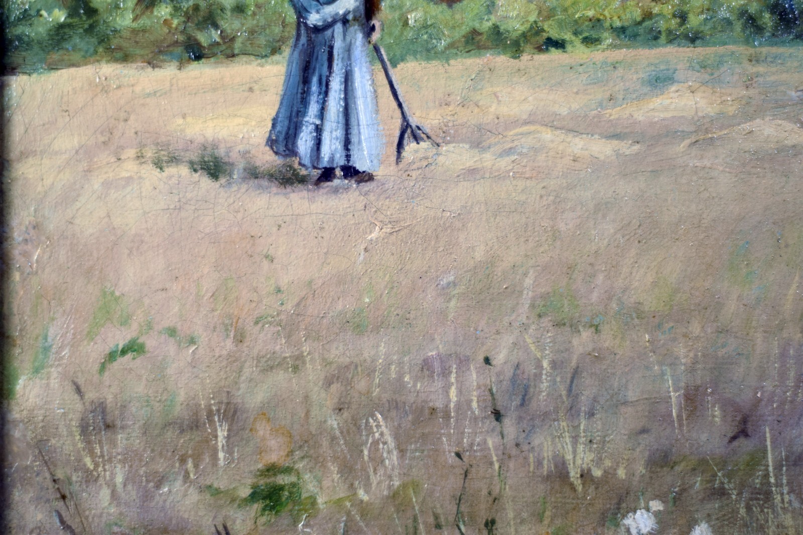 STANISLAS LEPINE ( 1835-1892) SIGNED FRENCH OIL ON CANVAS – LANDSCAPE HAYMAKER