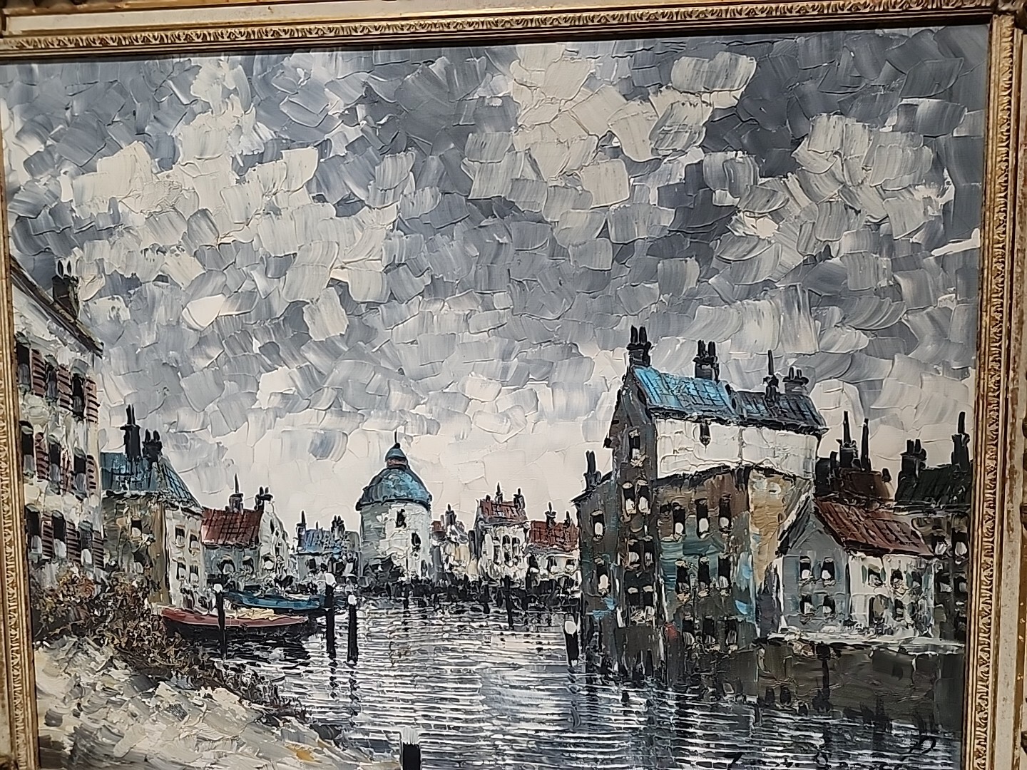 Jan Van Donck Dutch Impressionist Harbor View Large Old Oil Painting