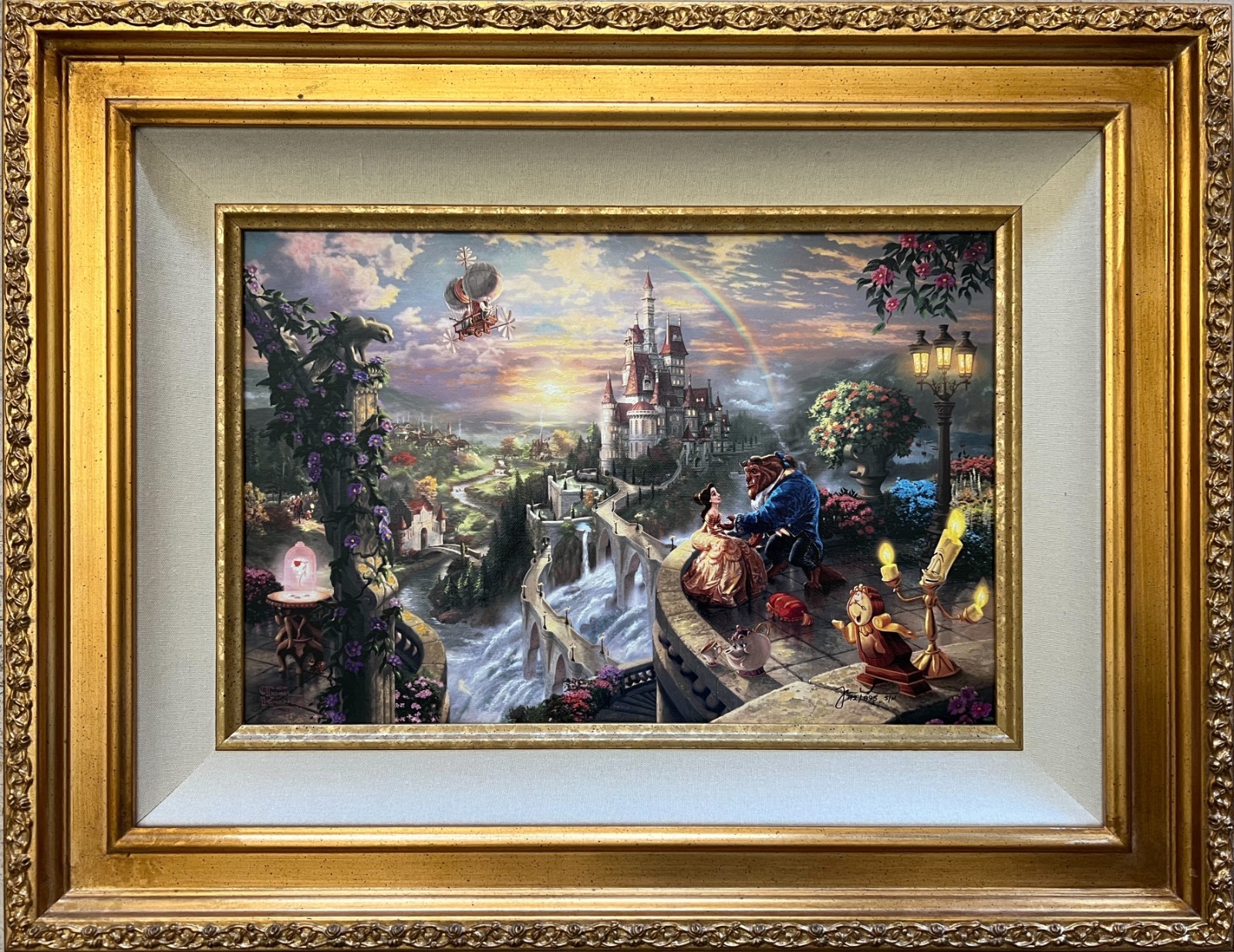 THOMAS KINKADE – BEAUTY & BEAST FALL IN LOVE S/N 12″ X 18″ HE GICLEE CNVS w/COA