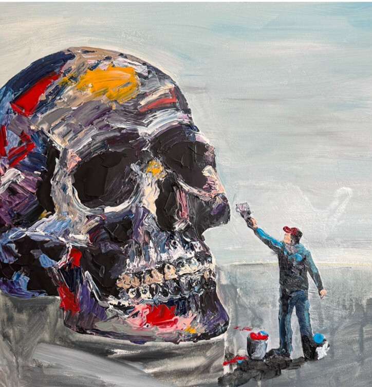Original Expressionist Skull and Painter Impasto Palette Knife Painting 18×24″