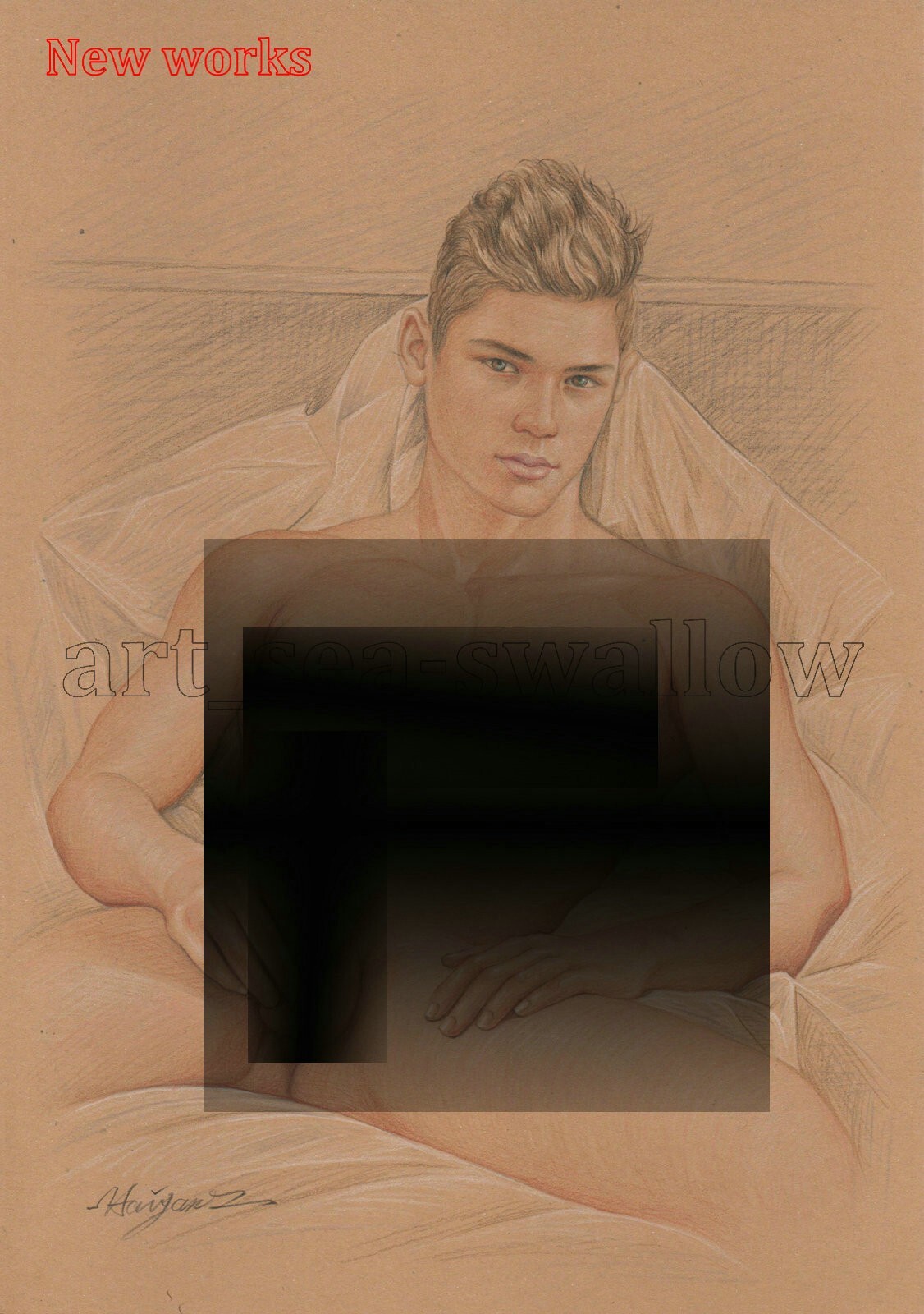 Original drawing A4 Art Colored Pencil painting male model on kraft paper new167
