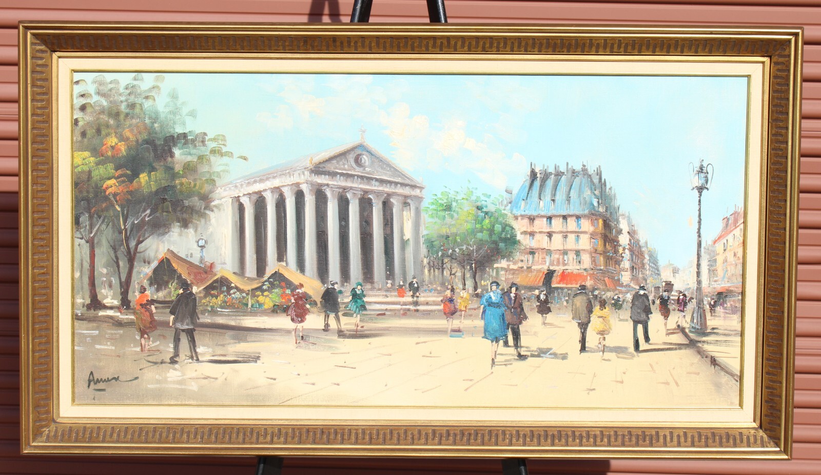 Vintage Parisian Street Scene Church Downtown Oil Painting Signed Illegible
