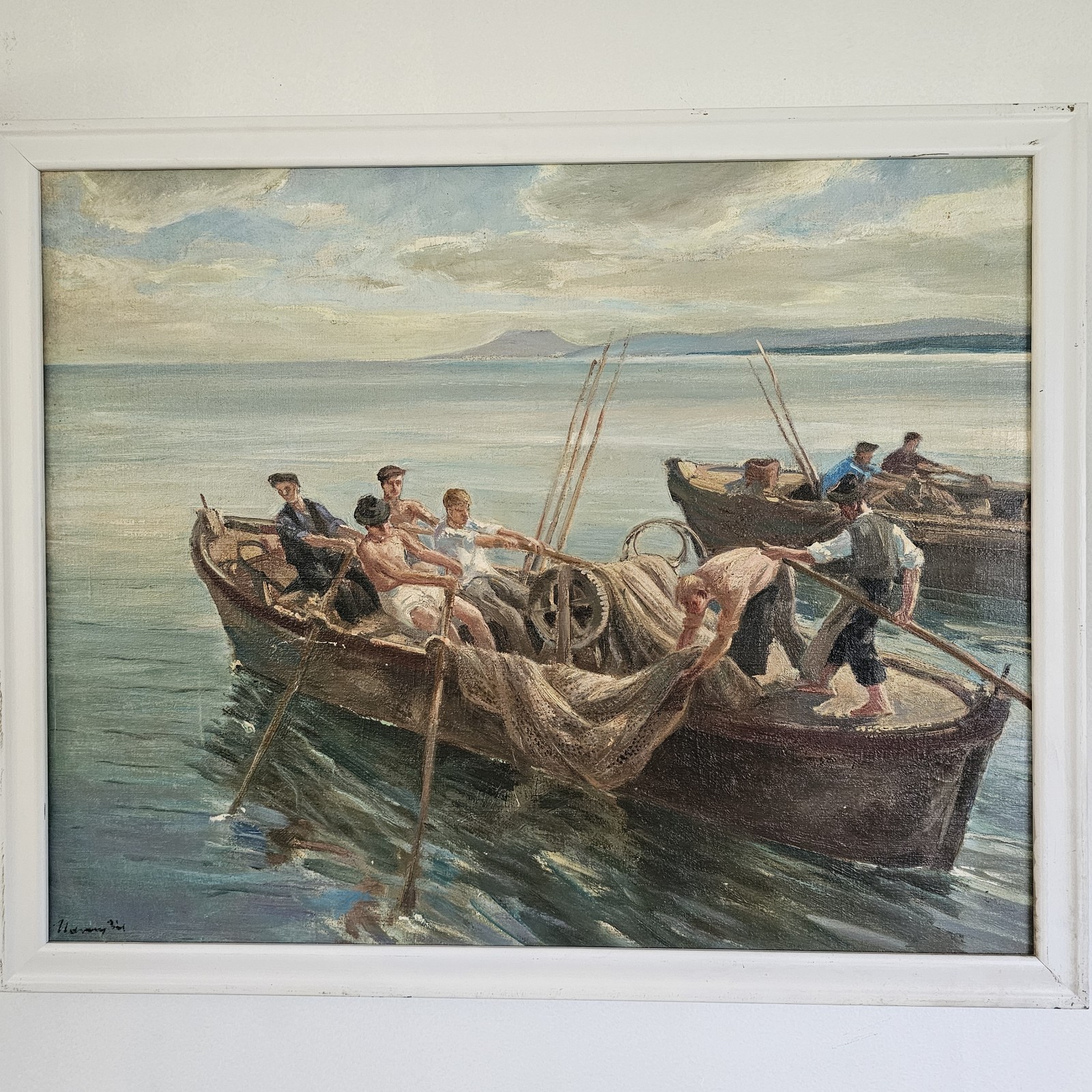 Pal Udvary (1900-1987) Oil Painting Seascape Fisherman Framed Signed Hungarian