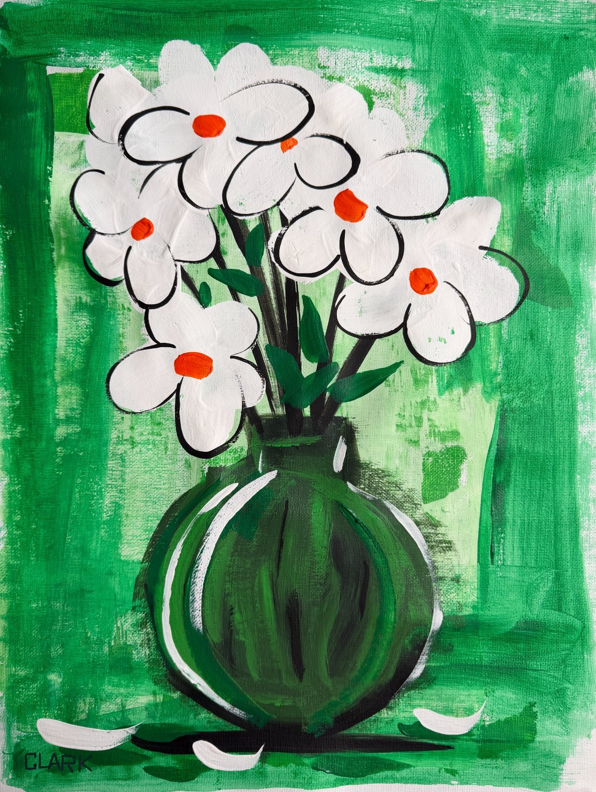 Original «White & Green Flowers – Set 1″ – Acrylic Painting 16×12» Canvas Paper