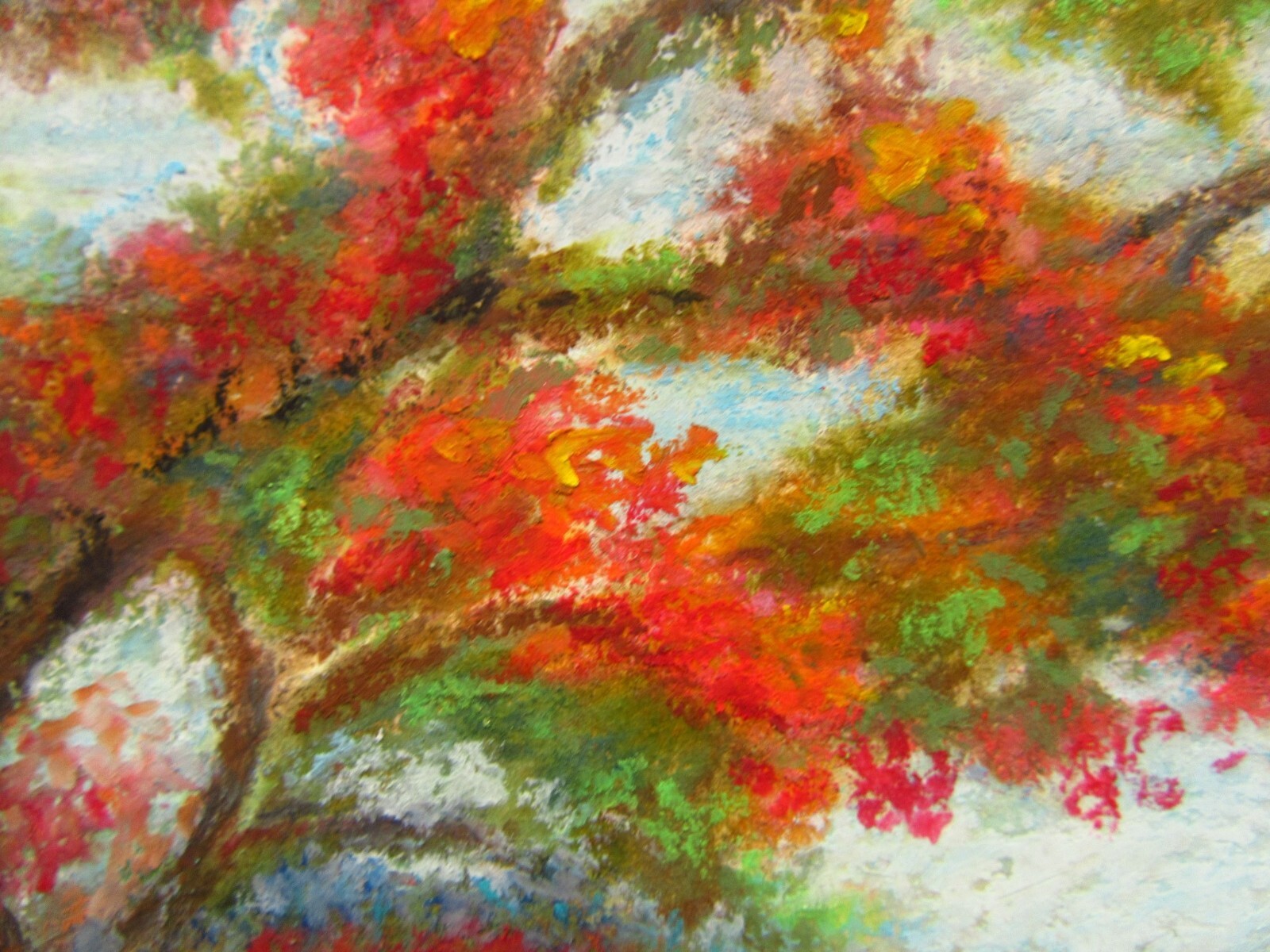 Original Oil Pastel Painting Art Florida Landscape Royal Poinciana Tree Garden