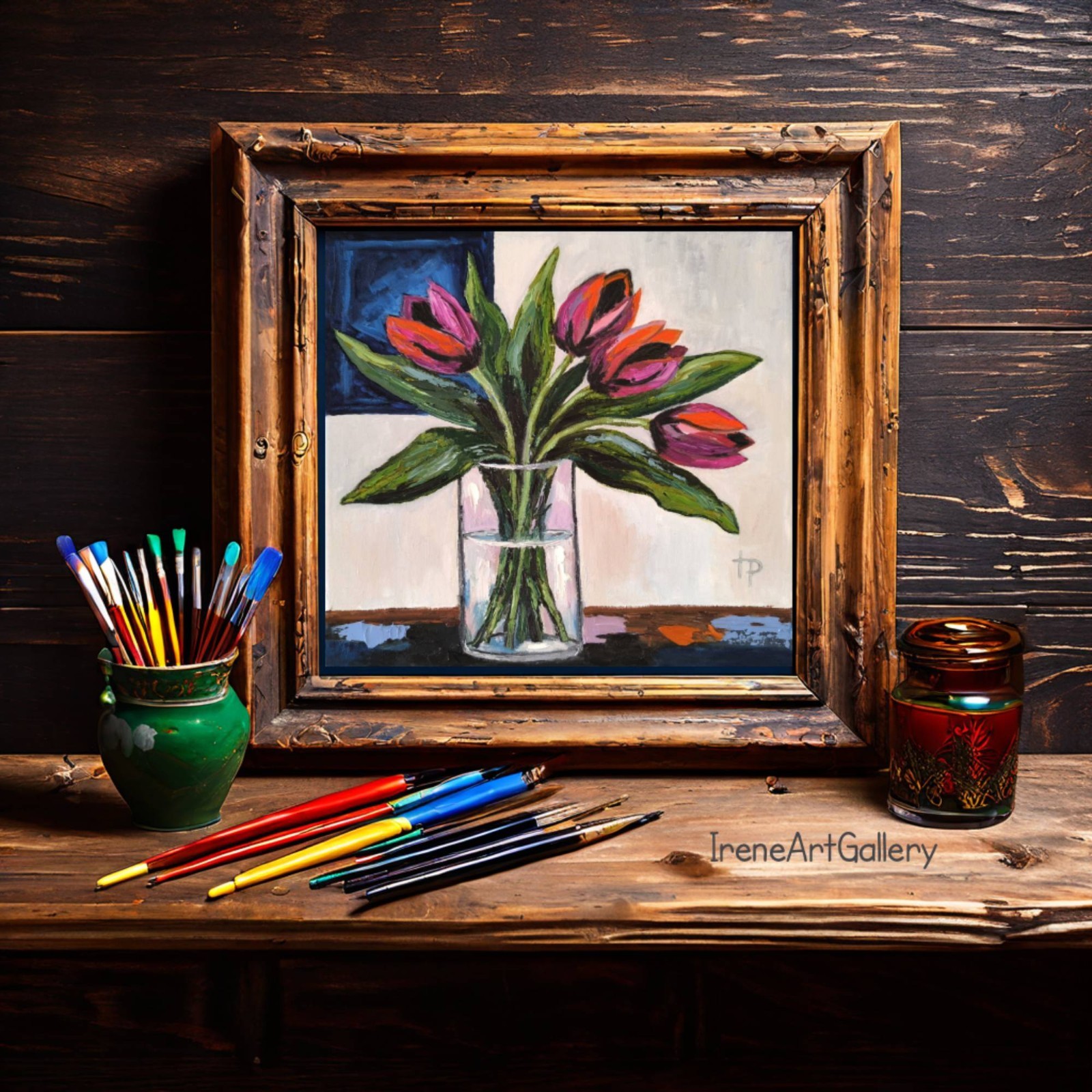 Colorful Tulip Oil Painting Modern Floral Wall Art Flowers Bouquet 11.8×11.8″