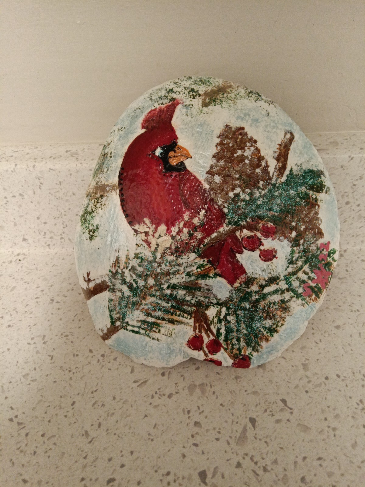 Pikes Peak Rock red bird snow acrylic paint art holly berries