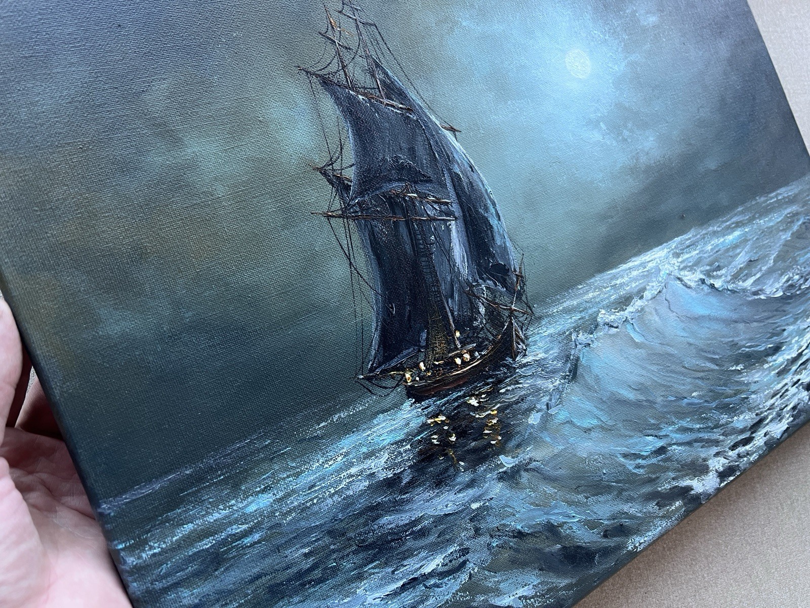Original Moonlight Seascape Oil Painting on canvas. Tall Ship on Stormy Waves