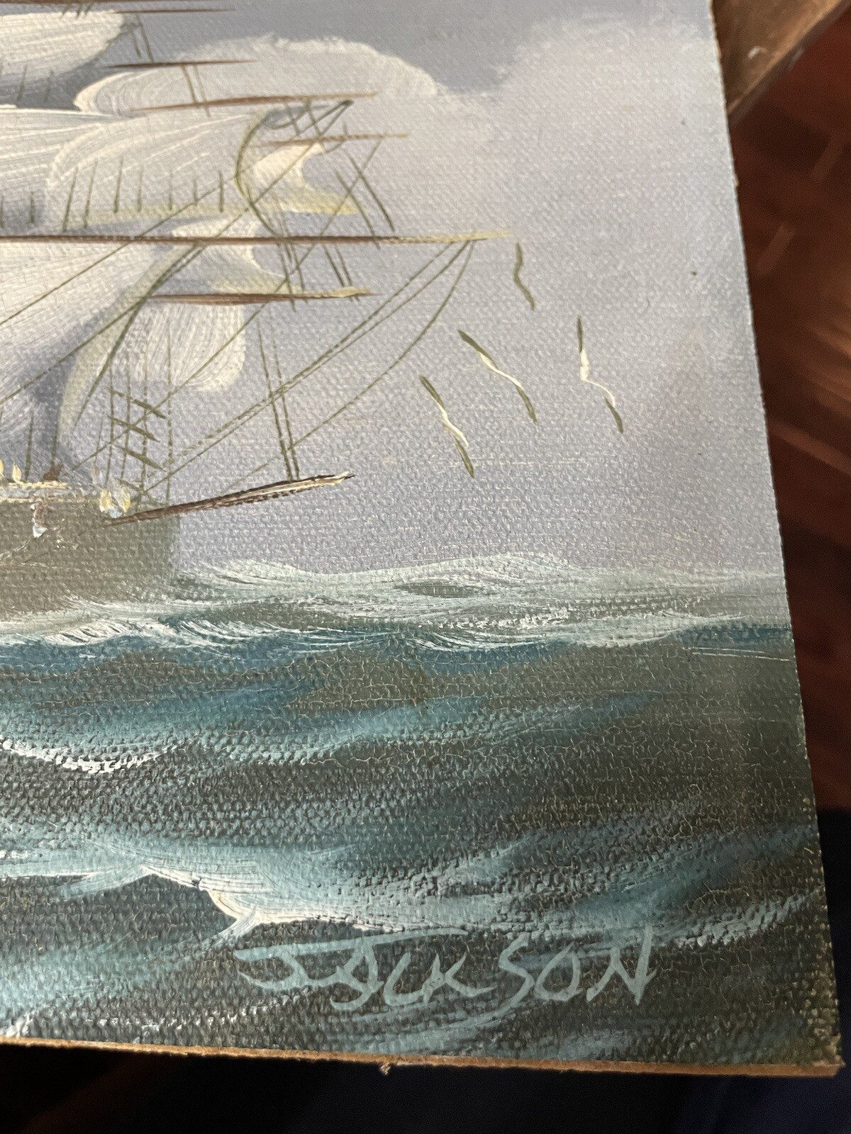 8″x10″ JACKSON Signed Sailing Ship Oil On Canvas on Board in 14.5″x12.5″ Frame