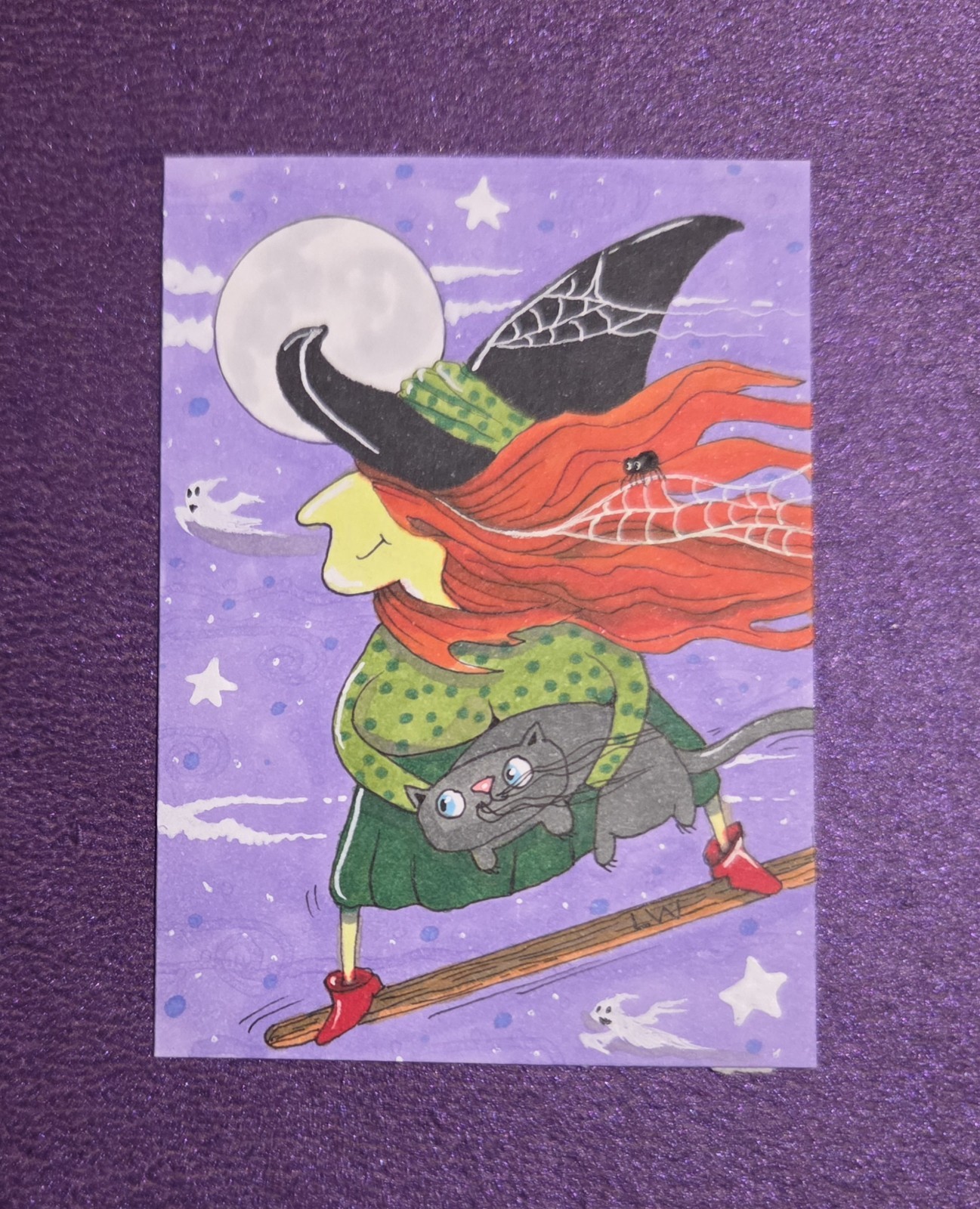 LWick Original ACEO Sporty Witch Broom Surfing Black Cat Spider Ghosts Moon