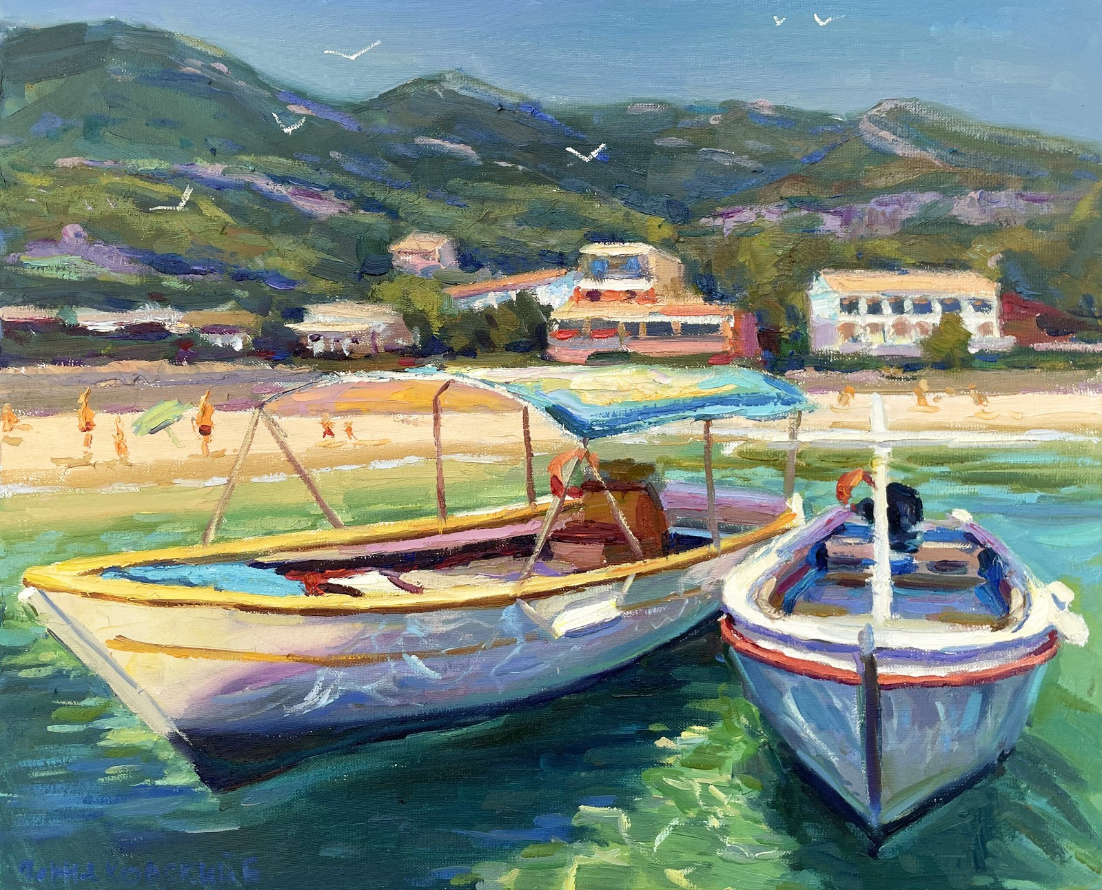 Boats painting Original artwork Impressionism Oil on canvas by E Chernyakovsky