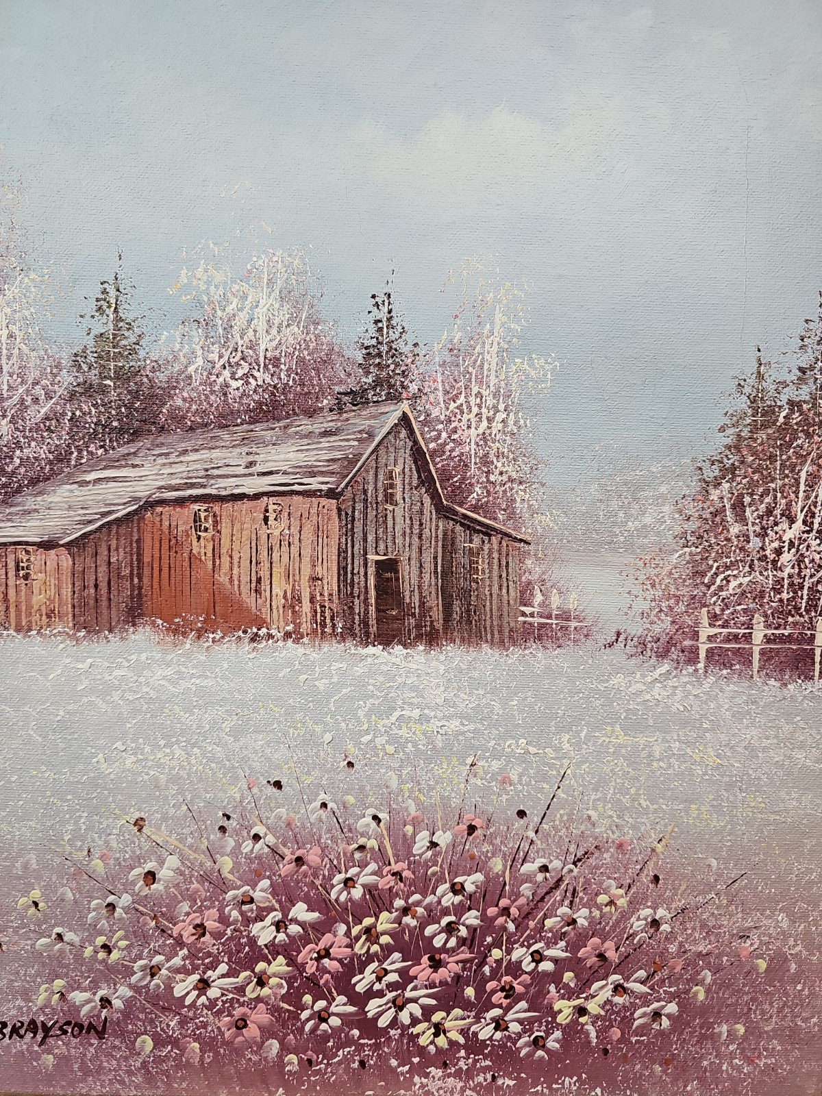 1988 Vintage Brayson Oil Painting Barn Silo Farm Flowers Americana MCM Original