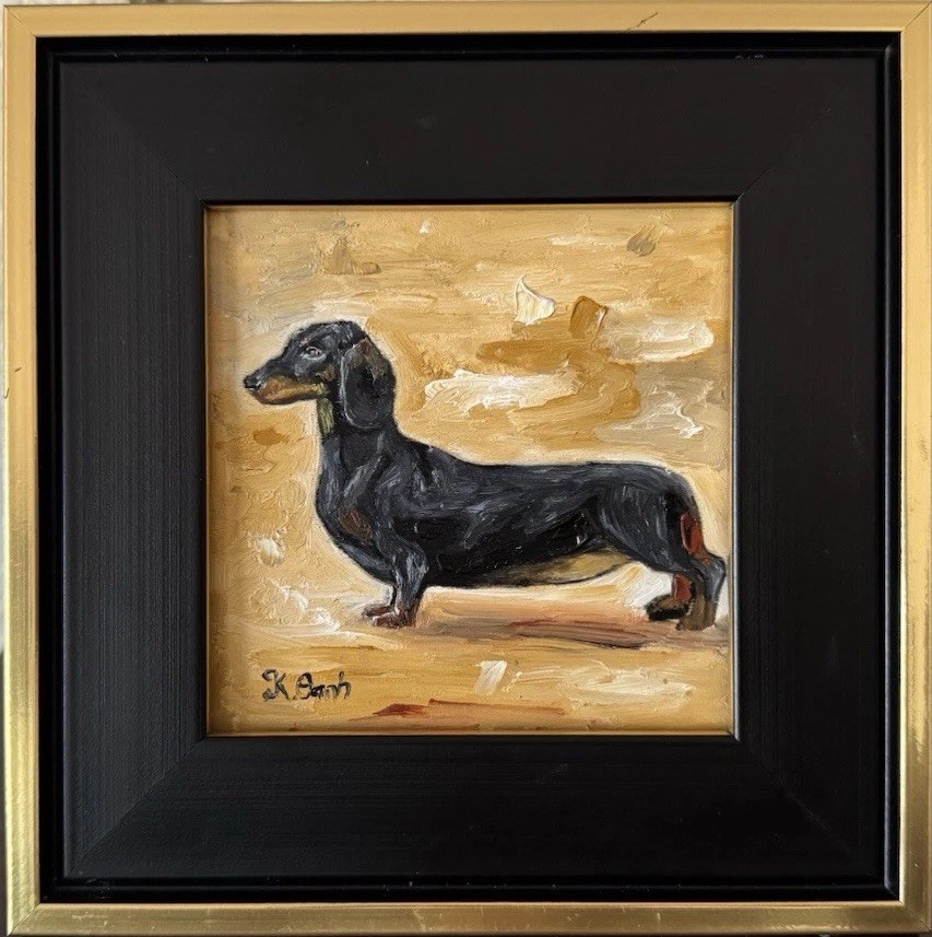 ORIGINAL OIL PAINTING DACHSHUND DOG PORTRAIT SIGNED FRAMED 4×4