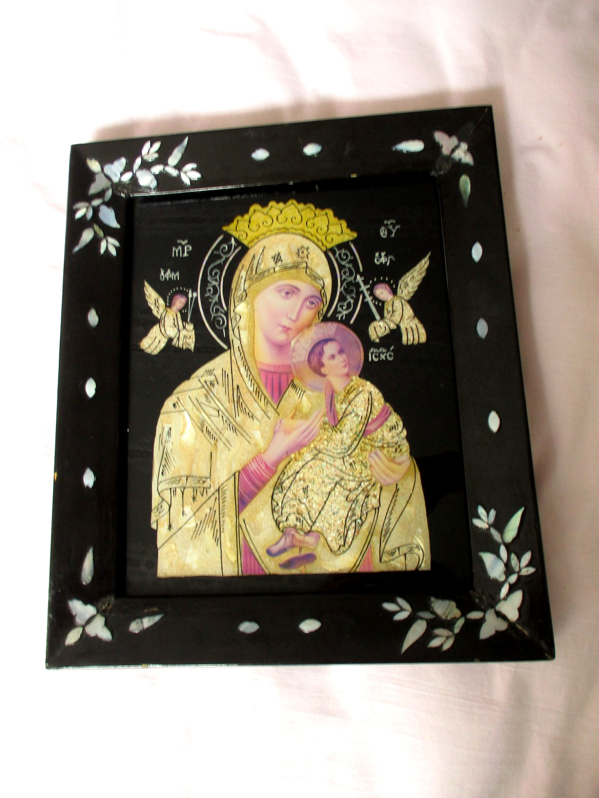 SUPERB! Antique Orthodox Icon Mother Mary & Child RARE Reverse Painted on Glass