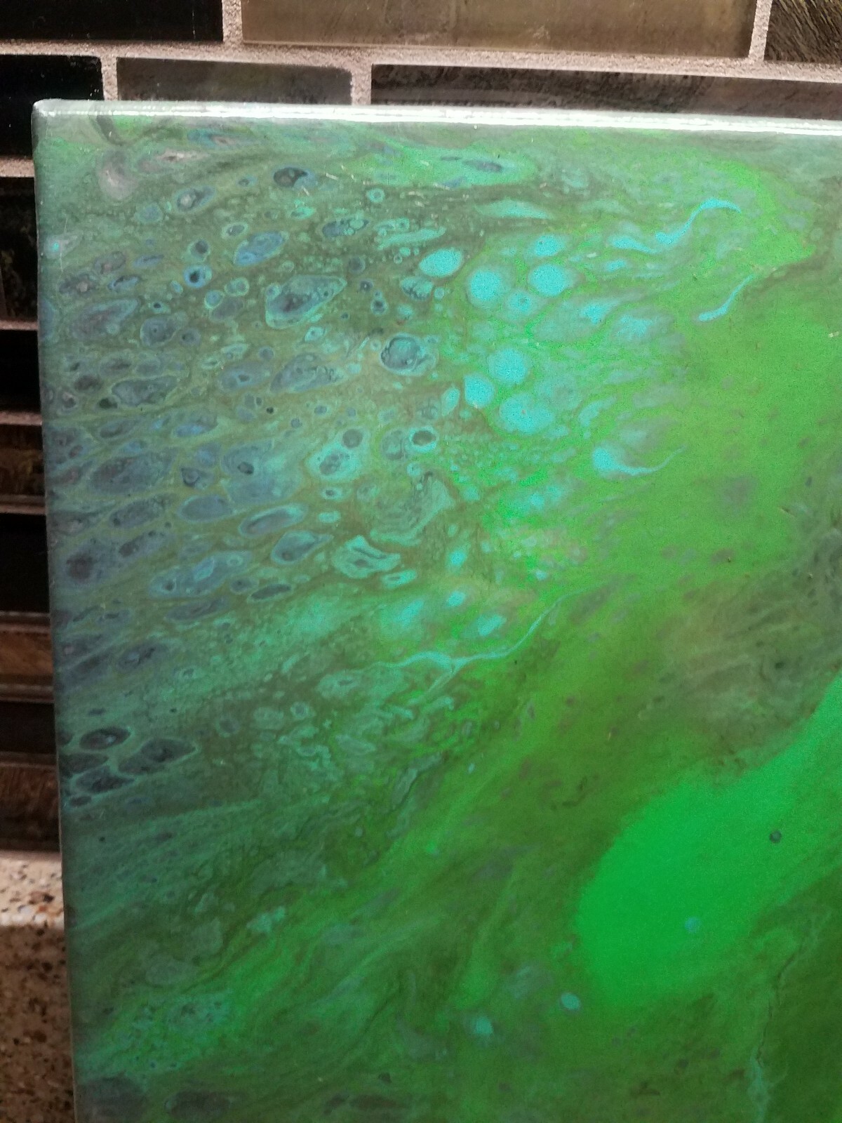 Original Acrylic Pour Painting Blue Teal Green Yellow 9″ X 12″