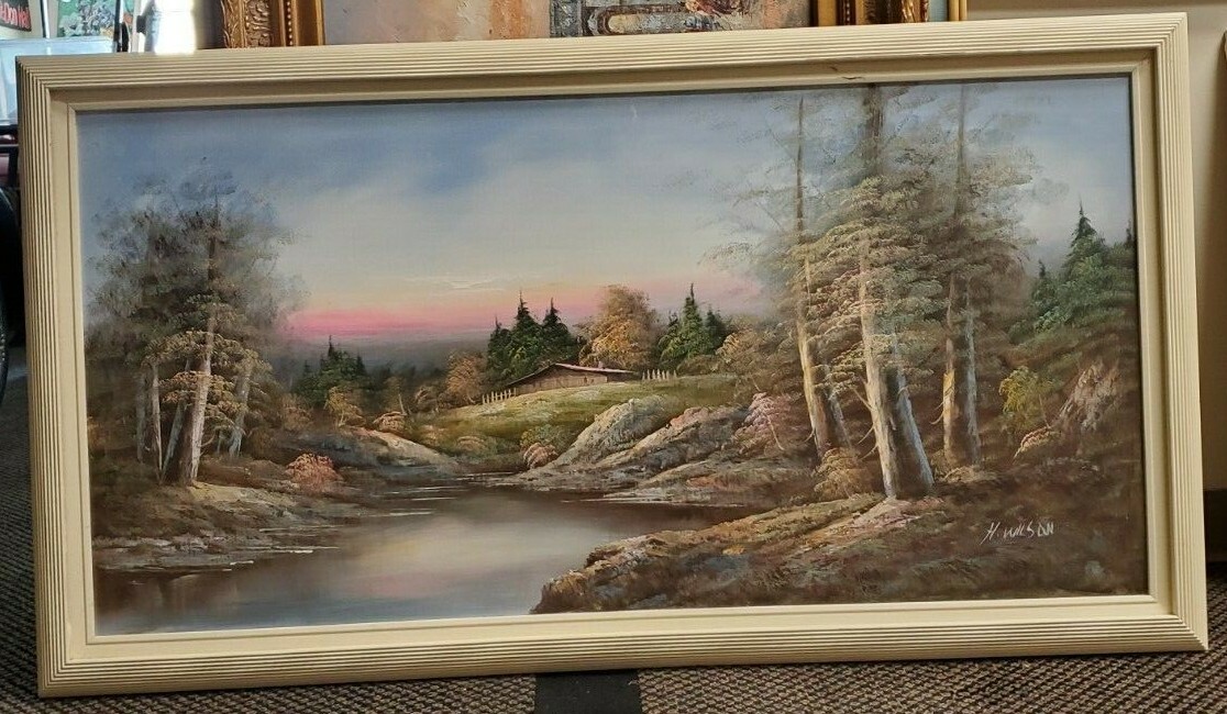 River stream hills Hand Painted Original Oil Painting by H. Wilson Nature Forest