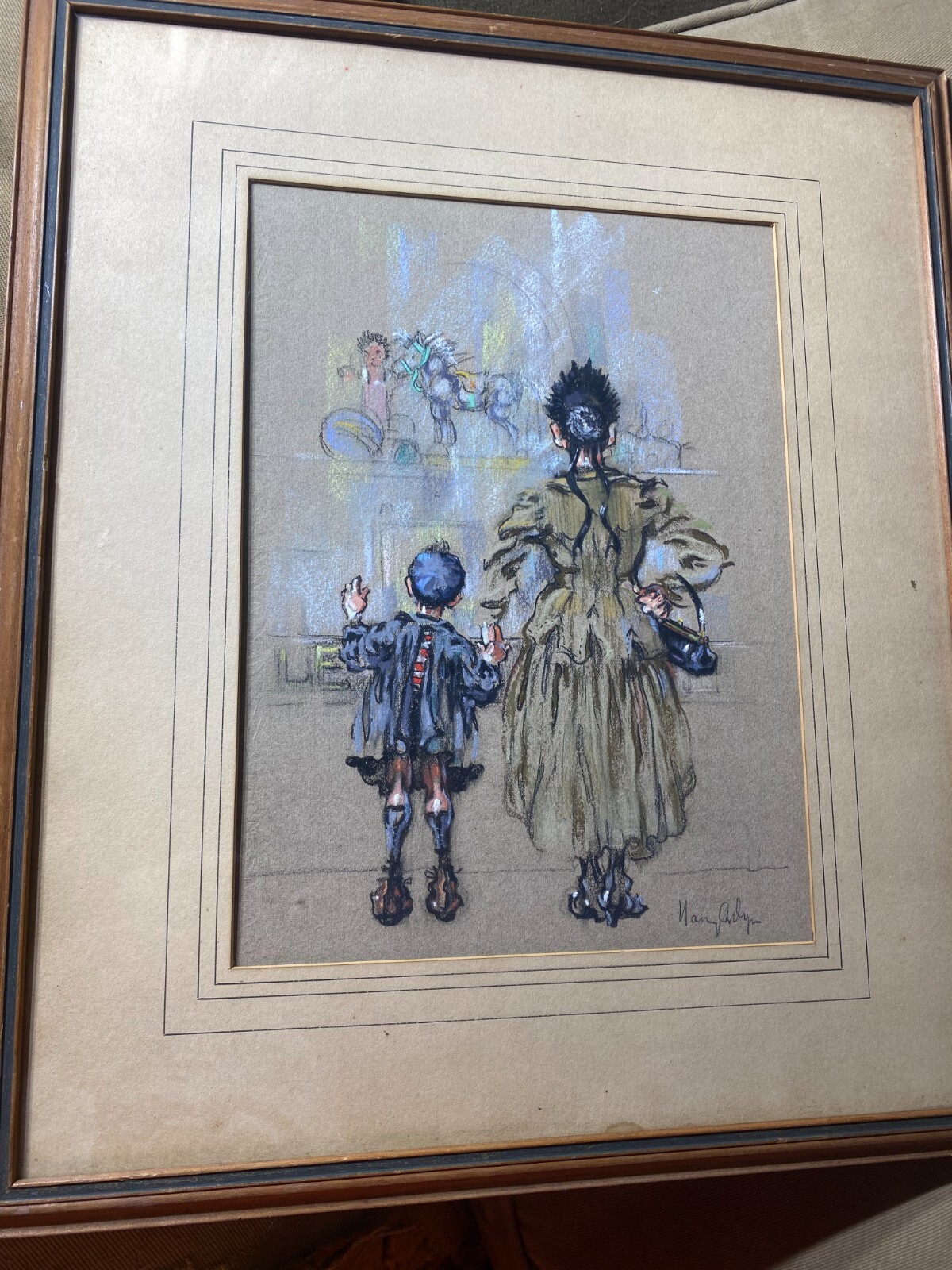 Nancy A. Dyer (1903 – 1979) «Temptation At The Toy Shop.. » Mixed Media Painting