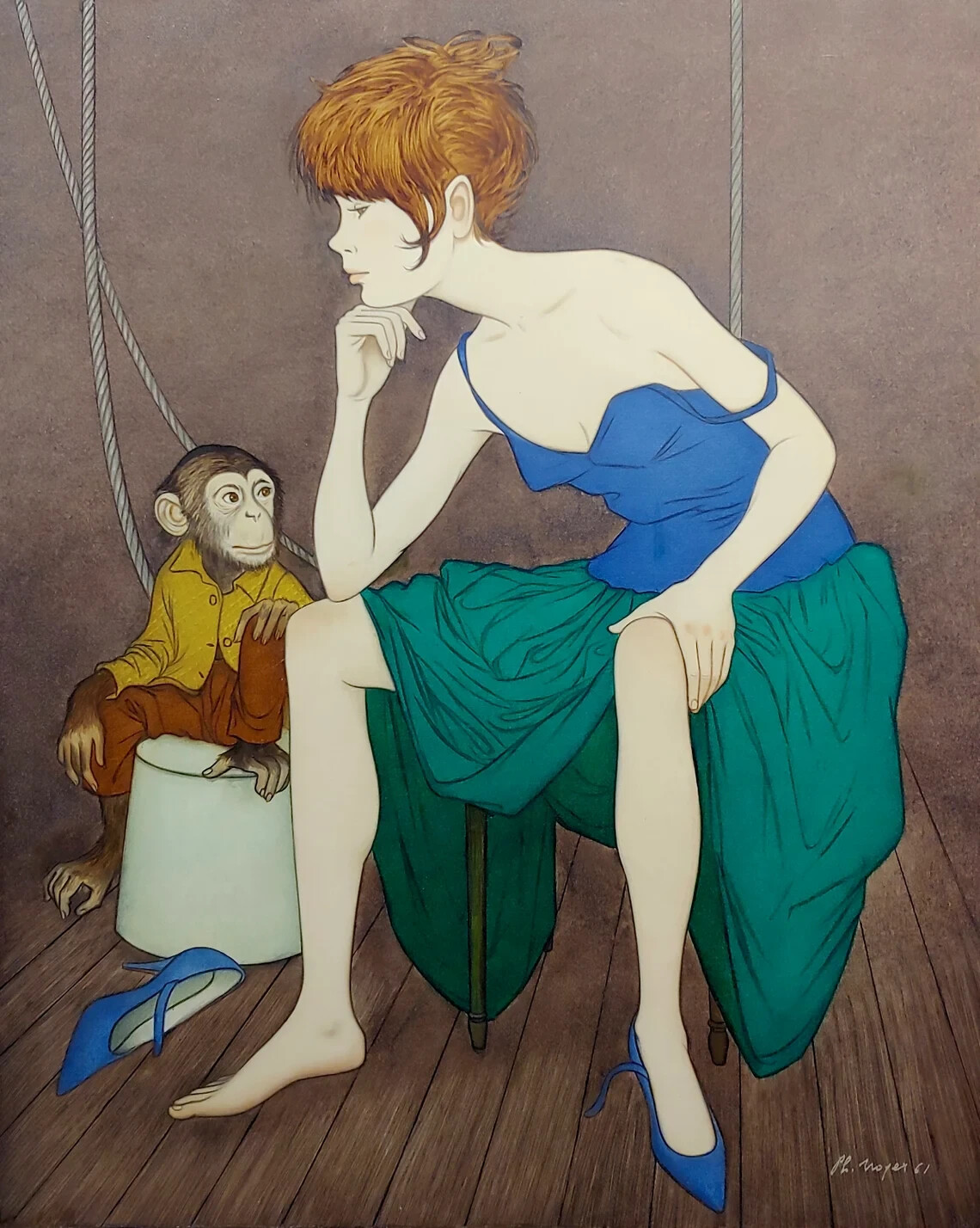Philippe Noyer – Sexy Girl & a Monkey – Oil Painting