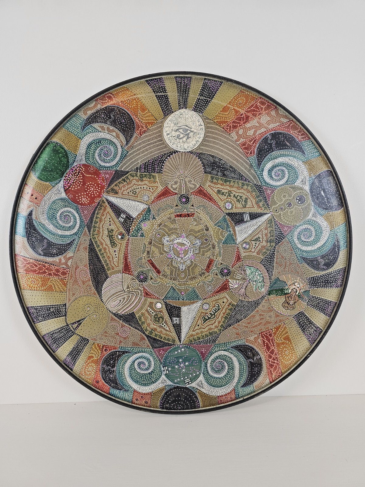 ART – Original Signed Abstract Mandala Pointalism Painting on 25 Inch Drum Head