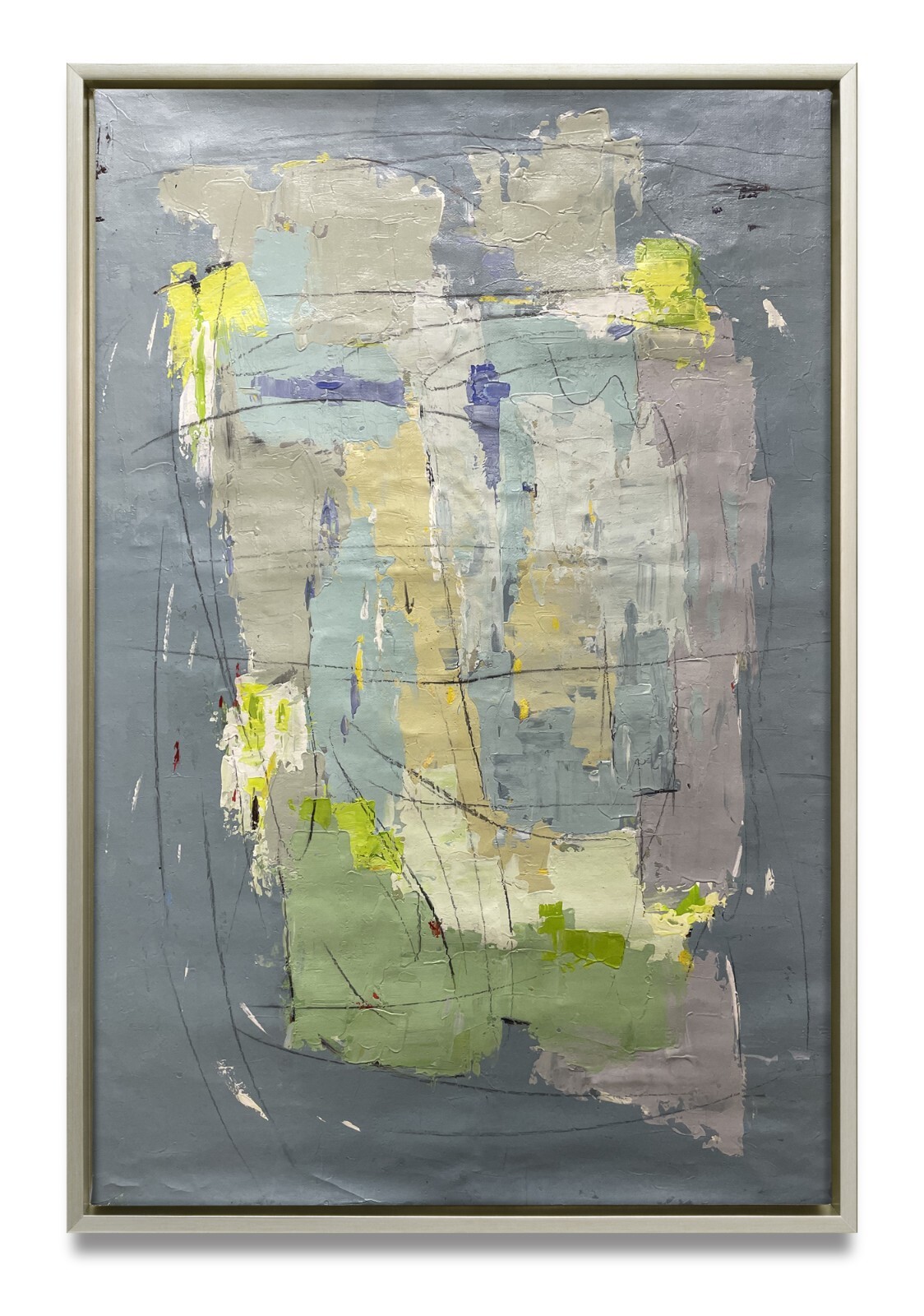 Hungryartist -Original Oil Painting of Gray Base Abstract on Canvas 24×36 Framed