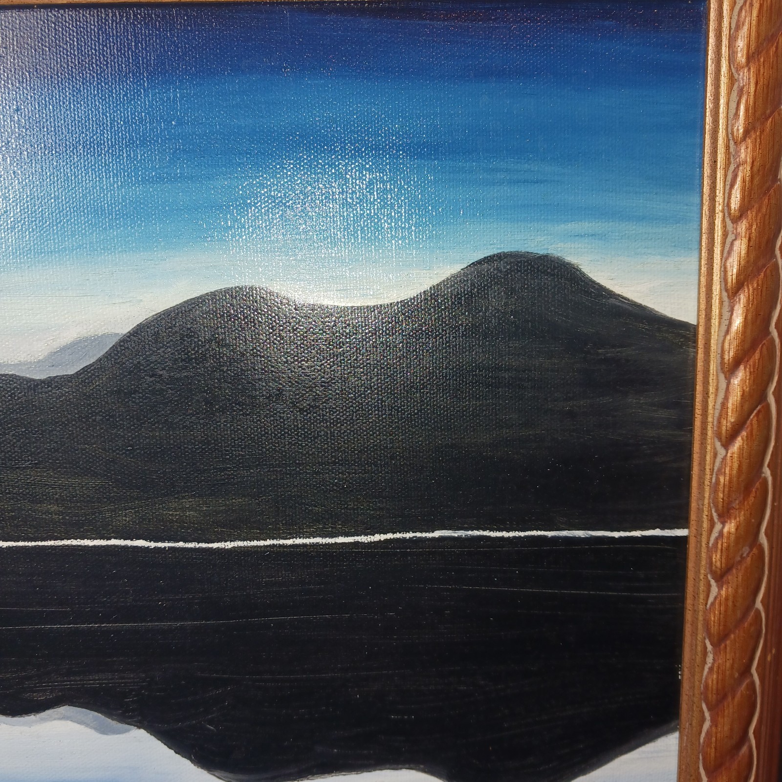 Vintage Artist Signed Painting, Mountain Reflection Lake Fisherman 18 × 14