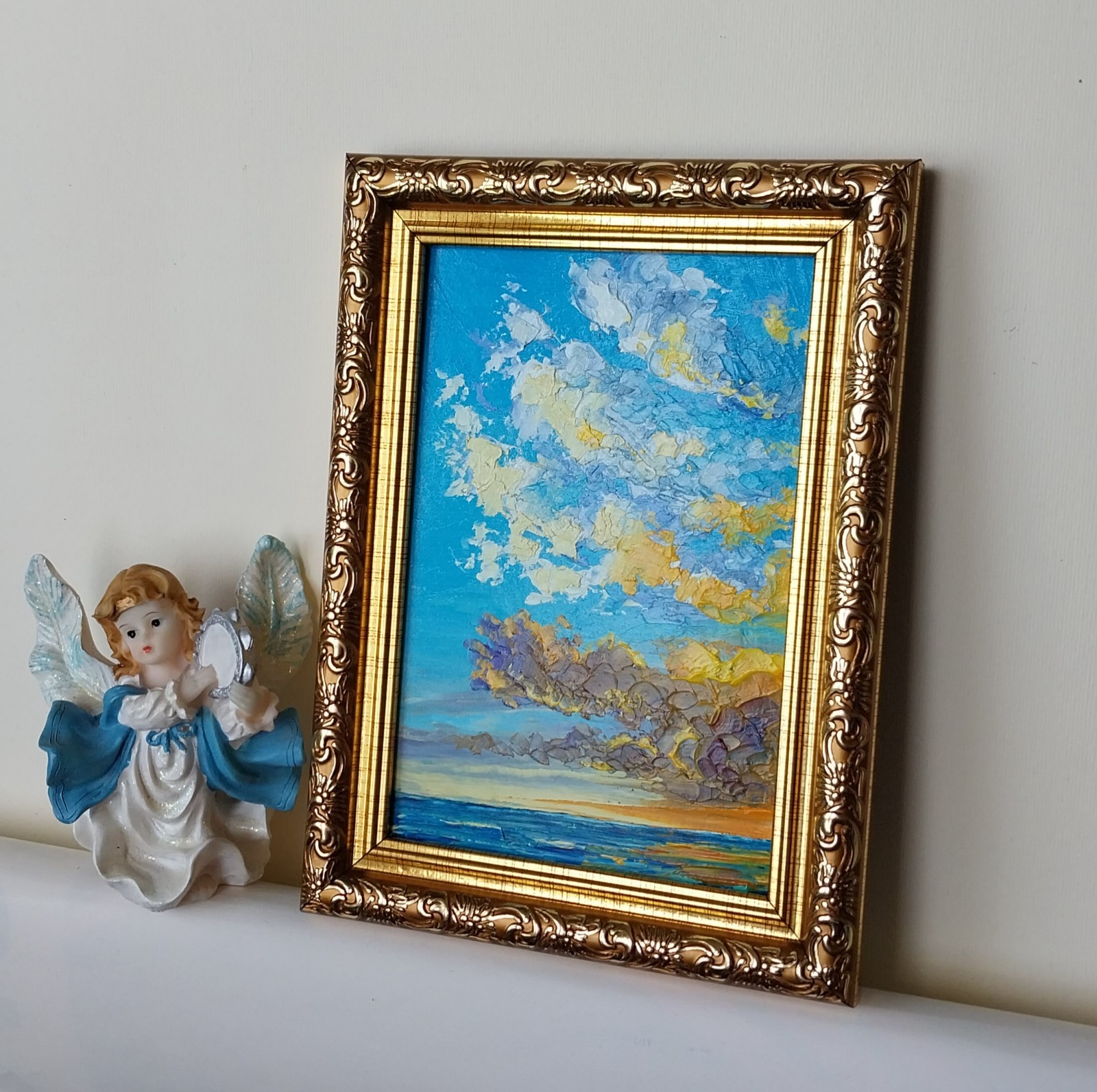 Framed Sunset Seascape Clouds Over Sea 4×6″ Original Oil Painting Impasto Art